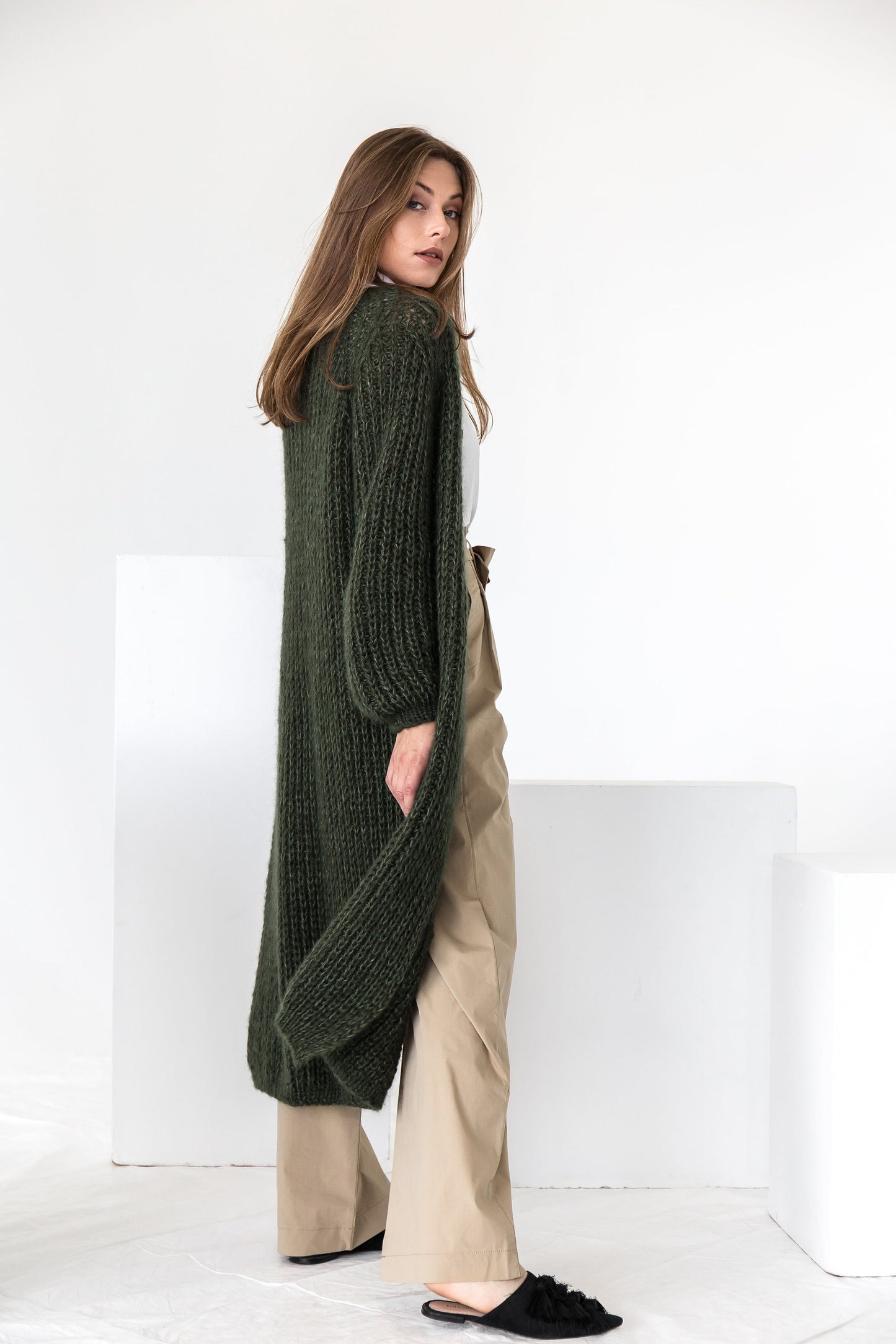 Long green mohair cardigan