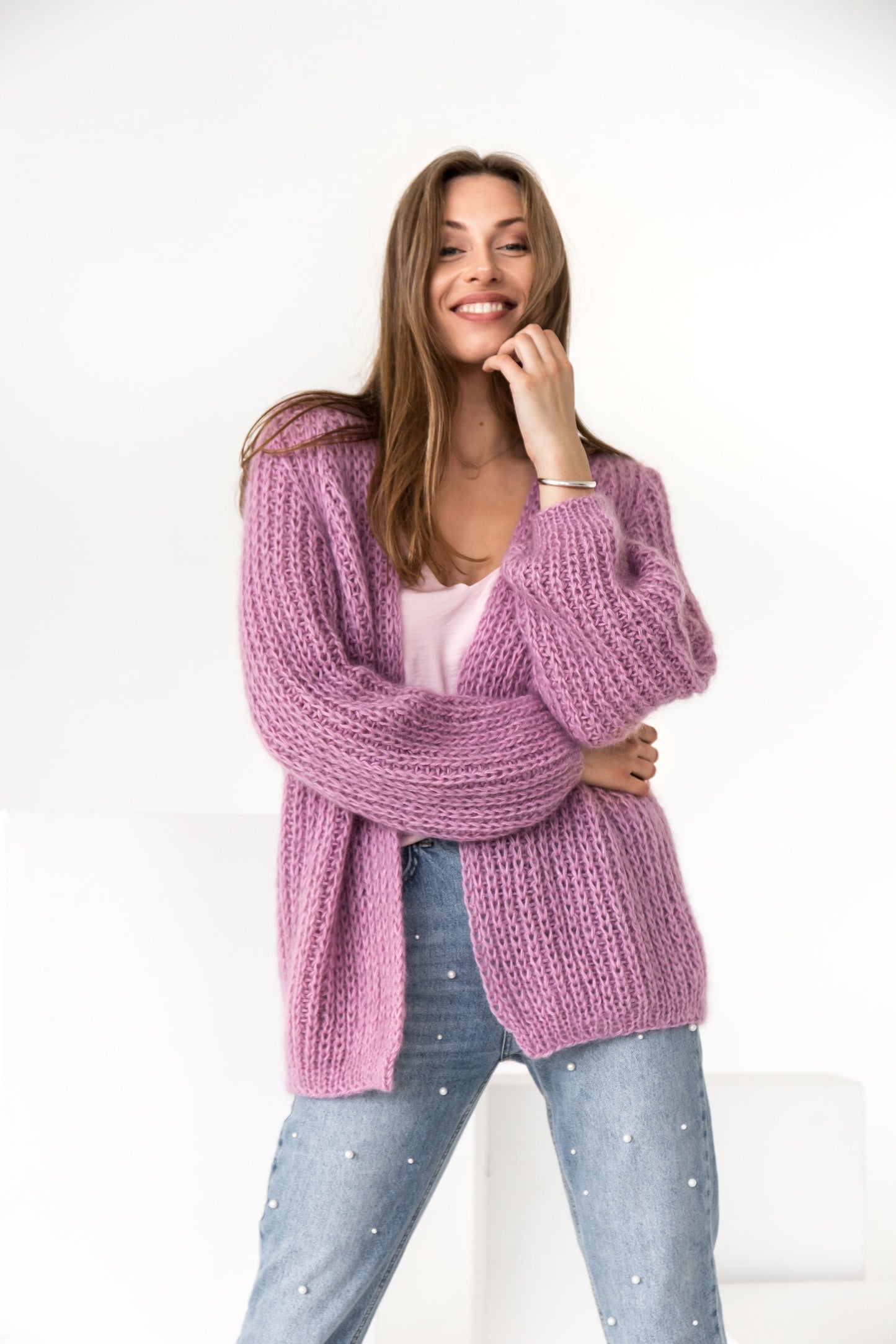 Cable knit mohair cardigan, pink mohair sweater, fuzzy oversized alpaca cardigan