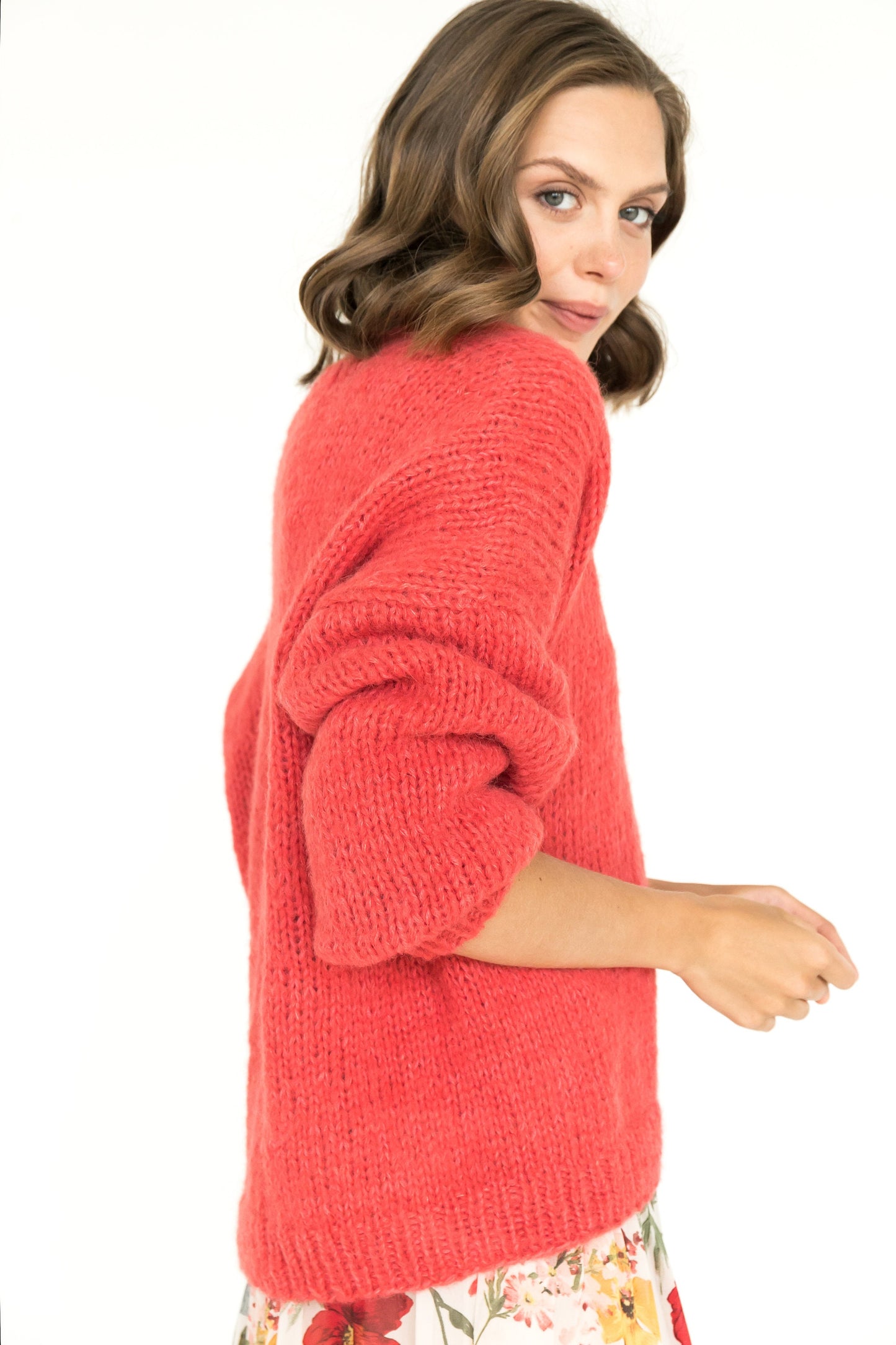 Cable knit coral V-neck alpaca wool jumper, Salmon pink hand-knitted slightly oversized sweater, peach pink women's pullover, handmade gift