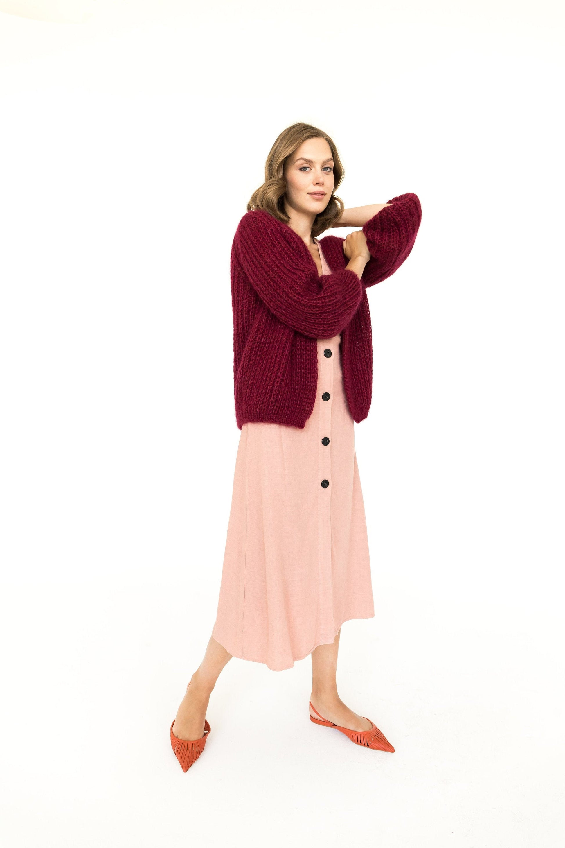 Burgundy color mohair cardigan, cable knit alpaca sweater, chunky knit alpaca cardigan, oversize mohair wool sweater, gift for women