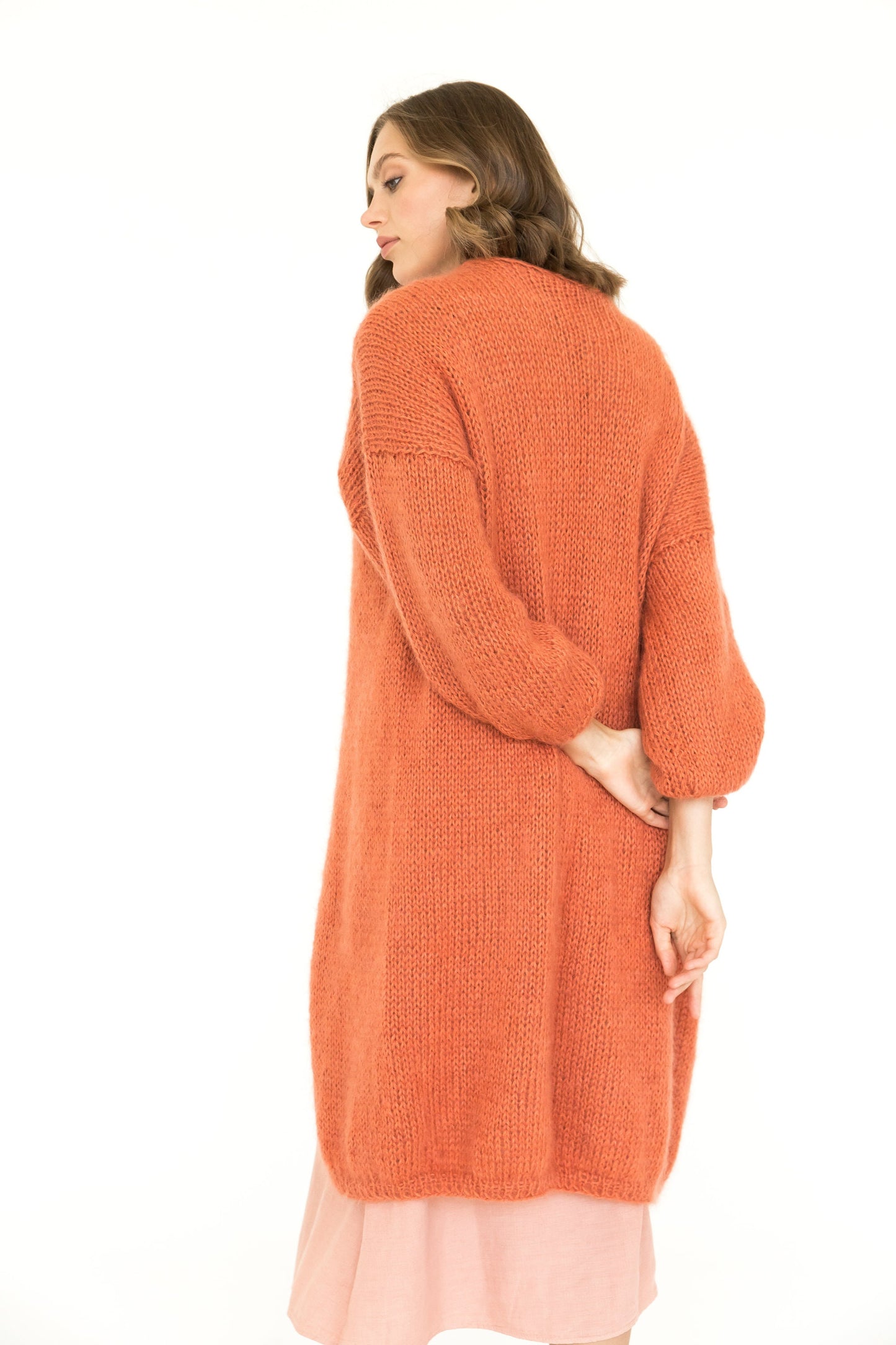 Burnt orange mohair cardigan, long cable knit sweater coat, strickjacke, chunky knit fluffy cardigan, lovely wool sweater
