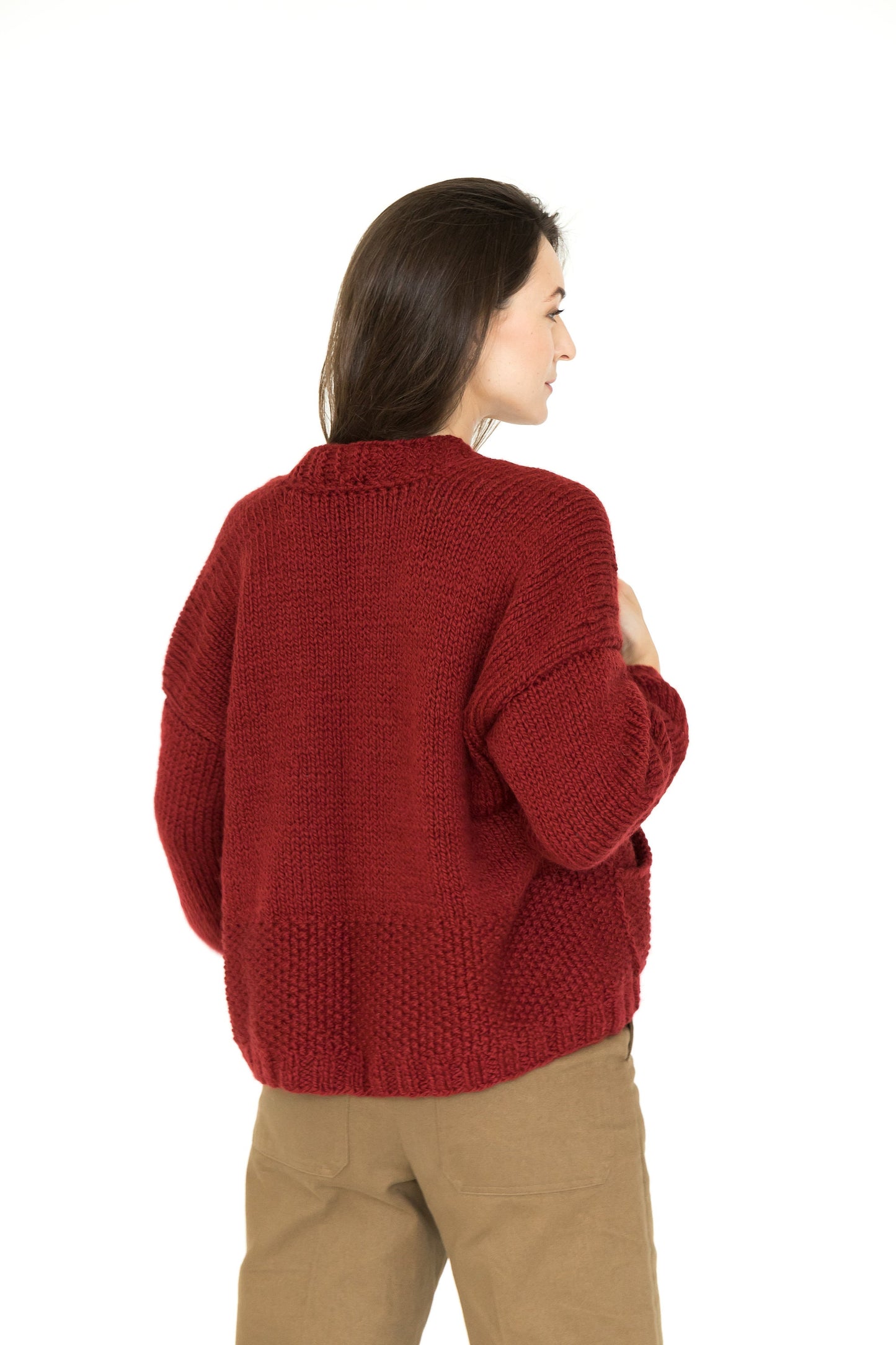 Bordeaux Chunky Knit Alpaca Wool Cardigan With Pockets, Slightly Oversized Burgundy Cable Knitted Jacket, Handmade Wool Cardigan For Women