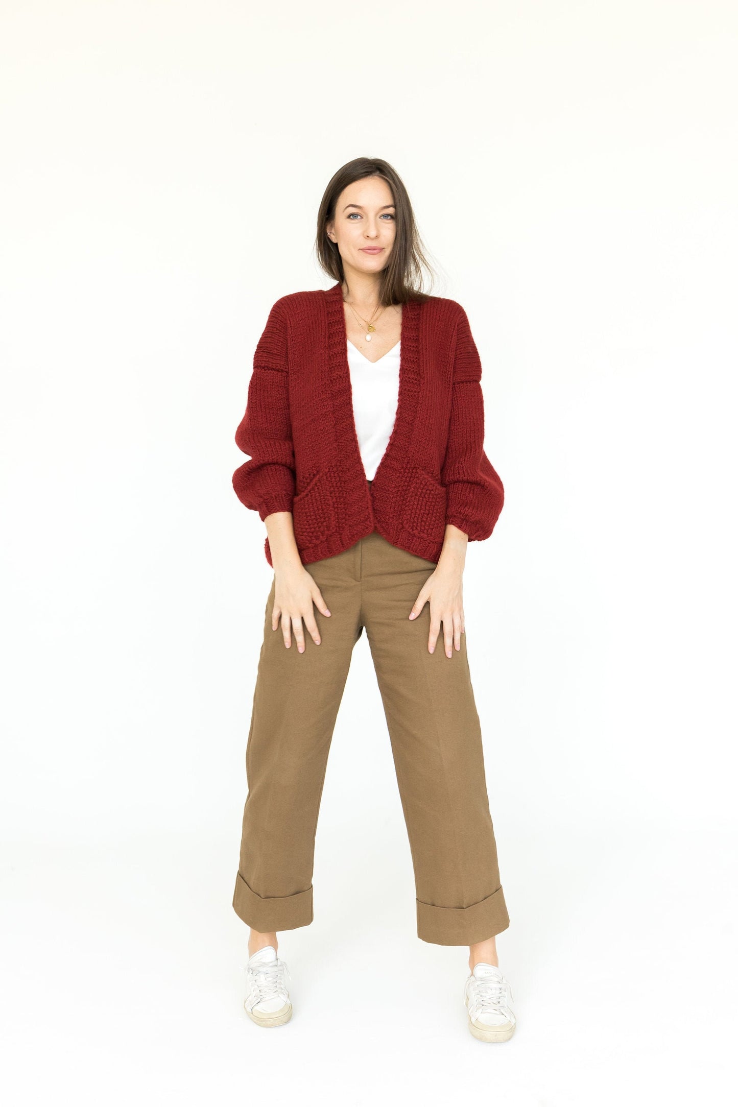 Bordeaux Chunky Knit Alpaca Wool Cardigan With Pockets, Slightly Oversized Burgundy Cable Knitted Jacket, Handmade Wool Cardigan For Women