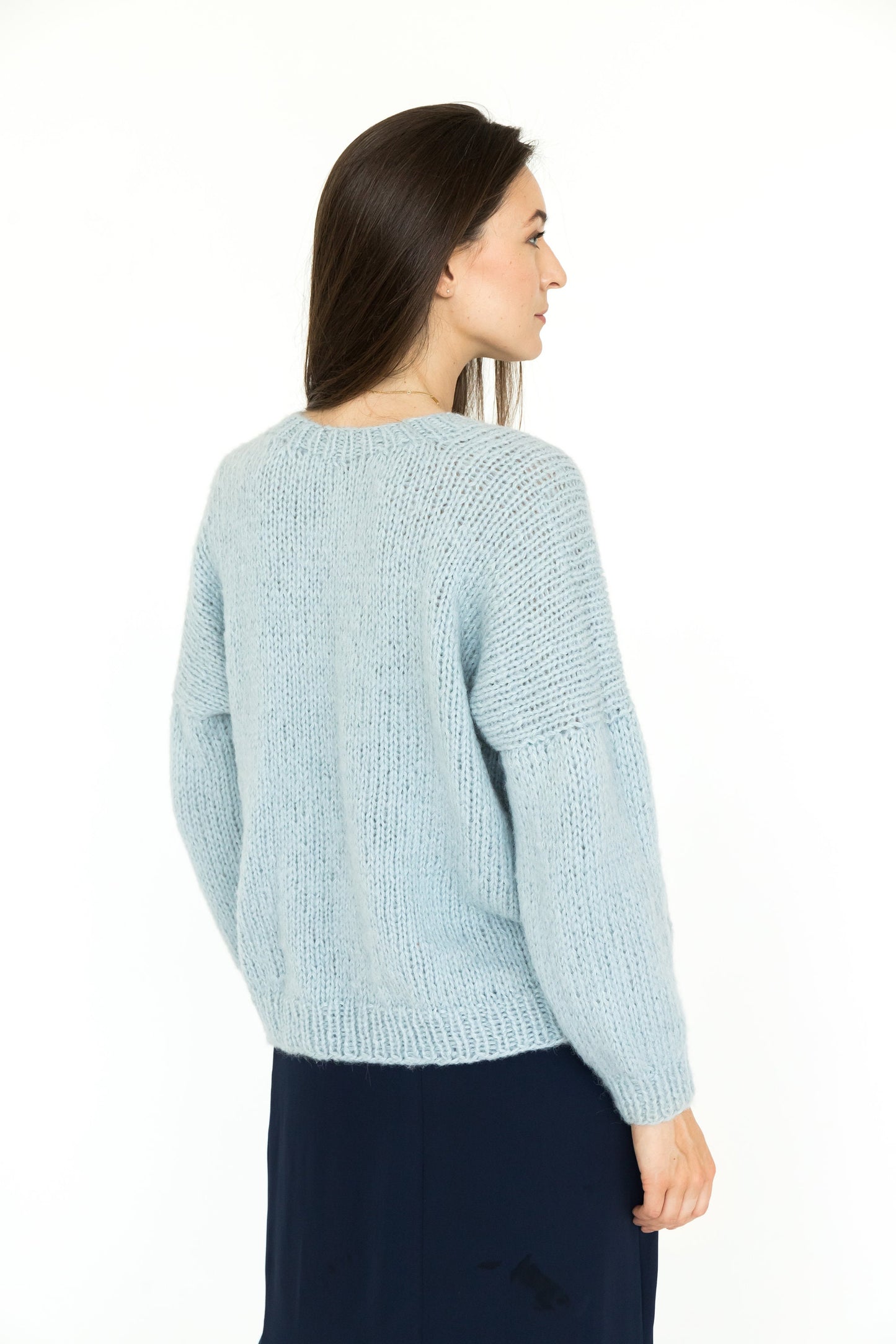 Cable knit light blue V-neck alpaca wool jumper, sky blue hand-knitted slightly oversized sweater, pacific women's pullover, handmade gift