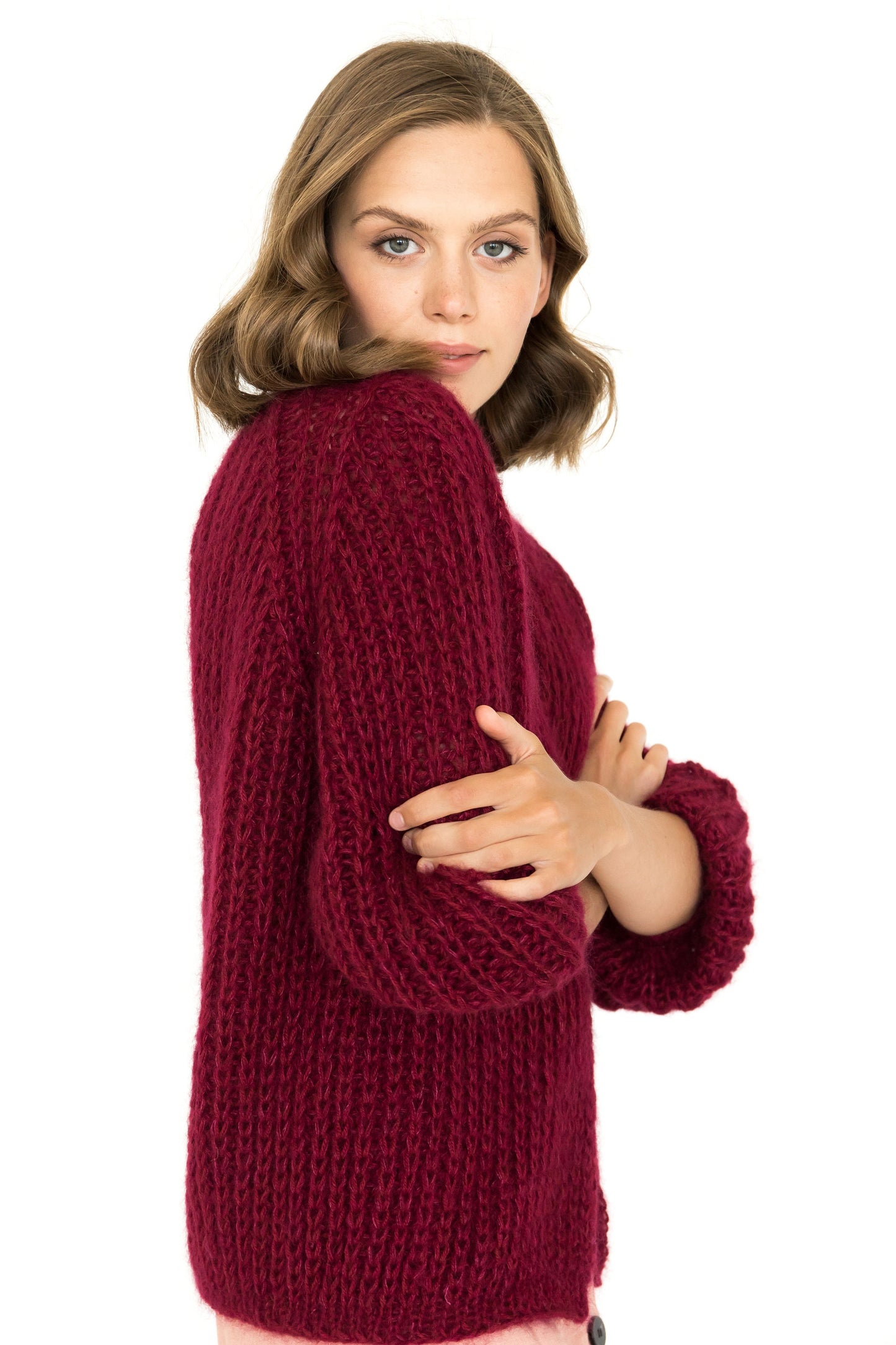 Burgundy color mohair cardigan, cable knit alpaca sweater, chunky knit alpaca cardigan, oversize mohair wool sweater, gift for women