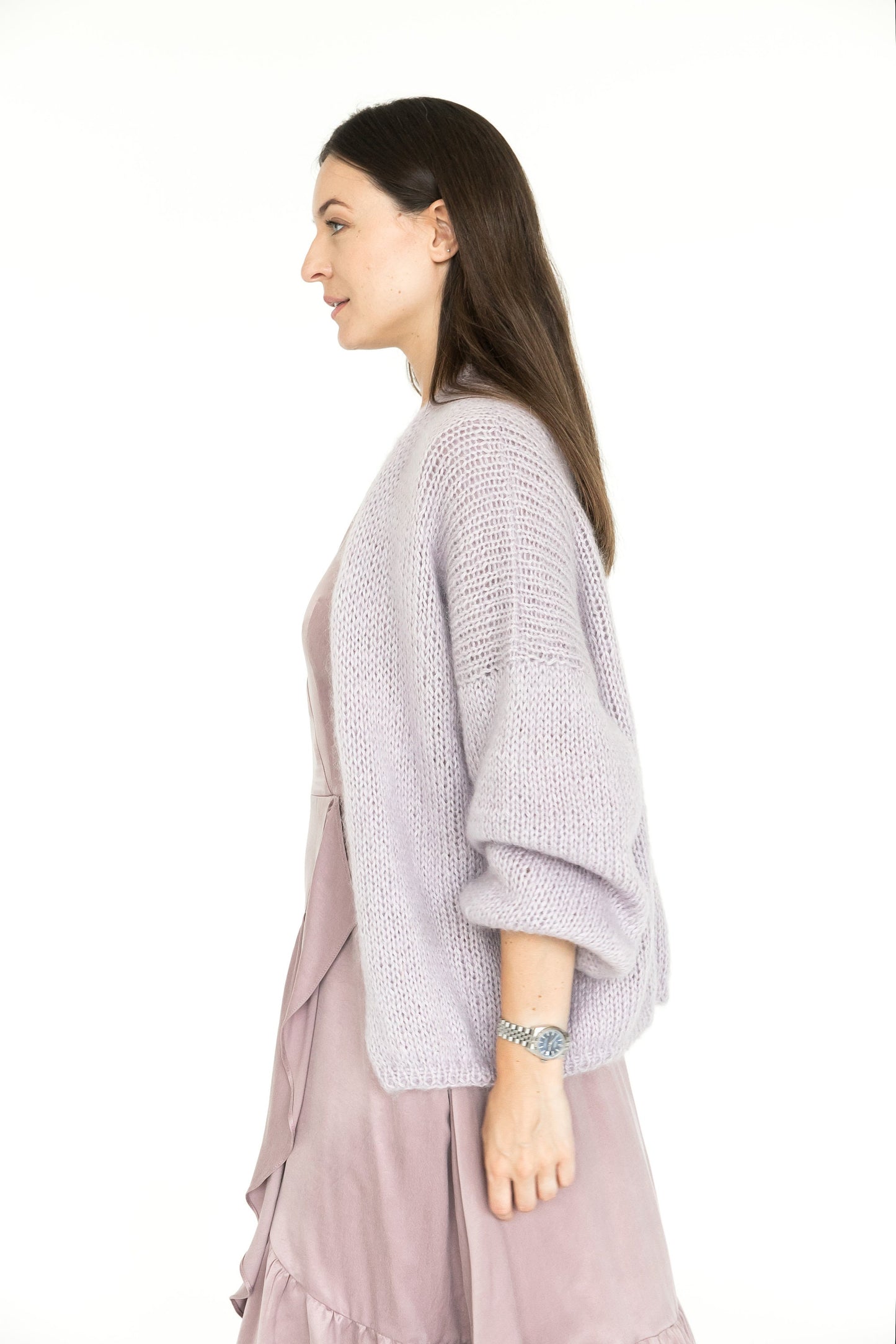 Lavender chunky knit mohair cardigan, light purple cable knitted fluffy alpaca blend sweater, lilac fuzzy slightly oversized women's jacket