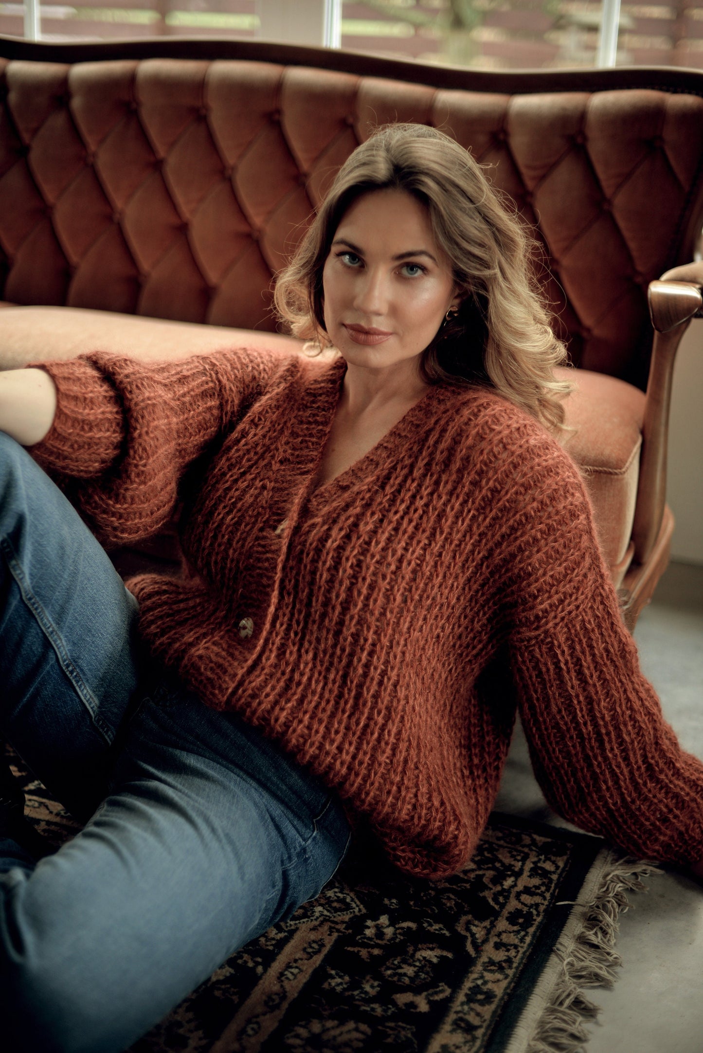 Rust cable knit mohair cardigan, orange fluffy alpaca blend sweater, ginger chunky knitted fuzzy jacket, oversized cardigan with buttons