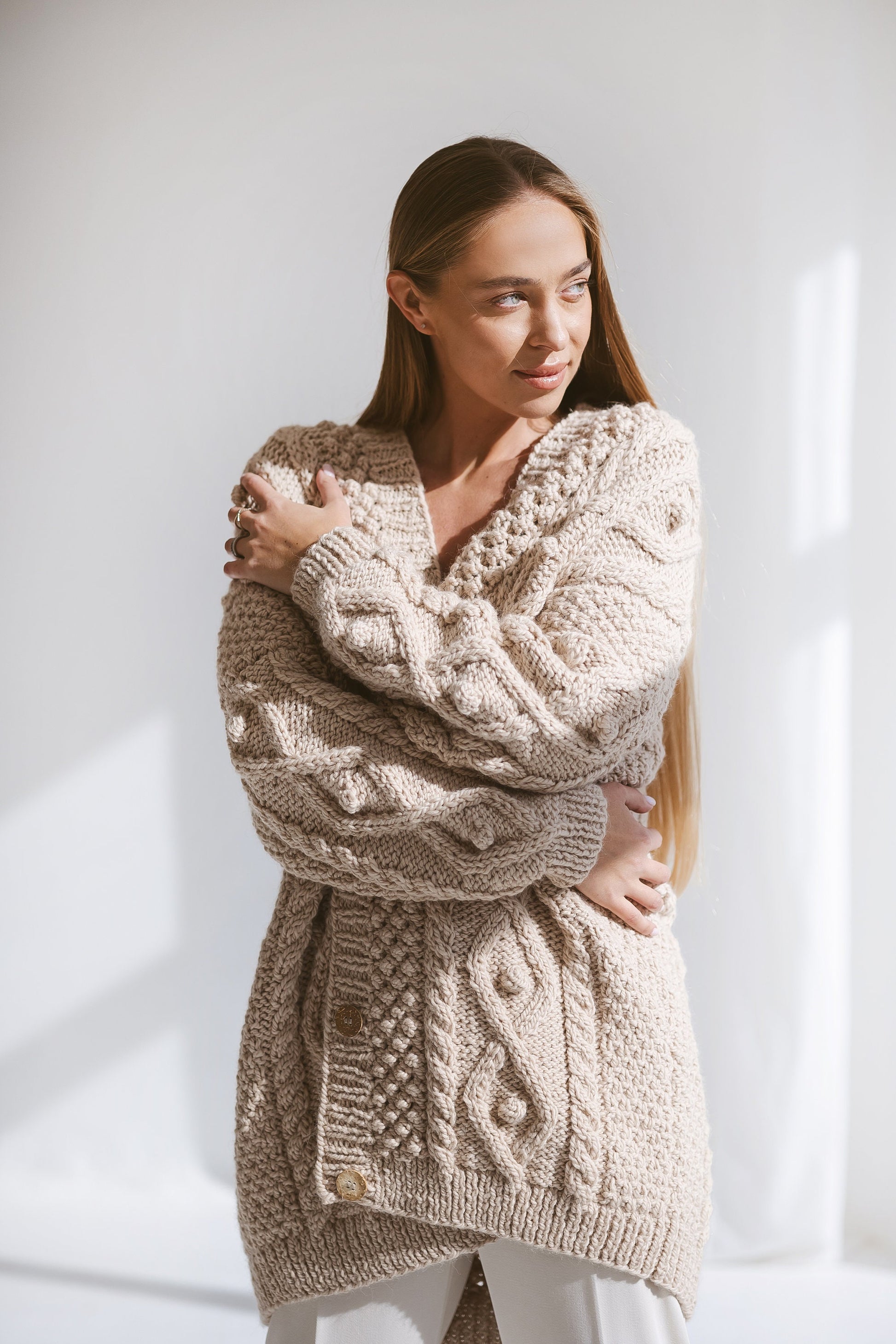 Beige Oversized Alpaca Cardigan With Buttons, Chunky Cable Knit Cardigan, Creamy Irish Women Sweater, Handmade Wool Cardigan For Women, Gift