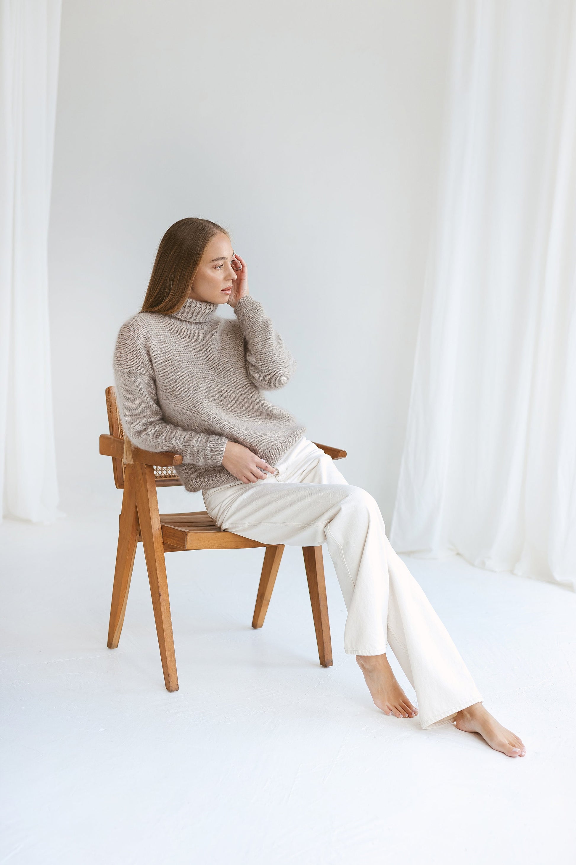 Beige mohair sweater, creamy cable knit alpaca pullover, nude fuzzy mohair turtleneck jumper, fluffy mohair high neck sweater,gift for women