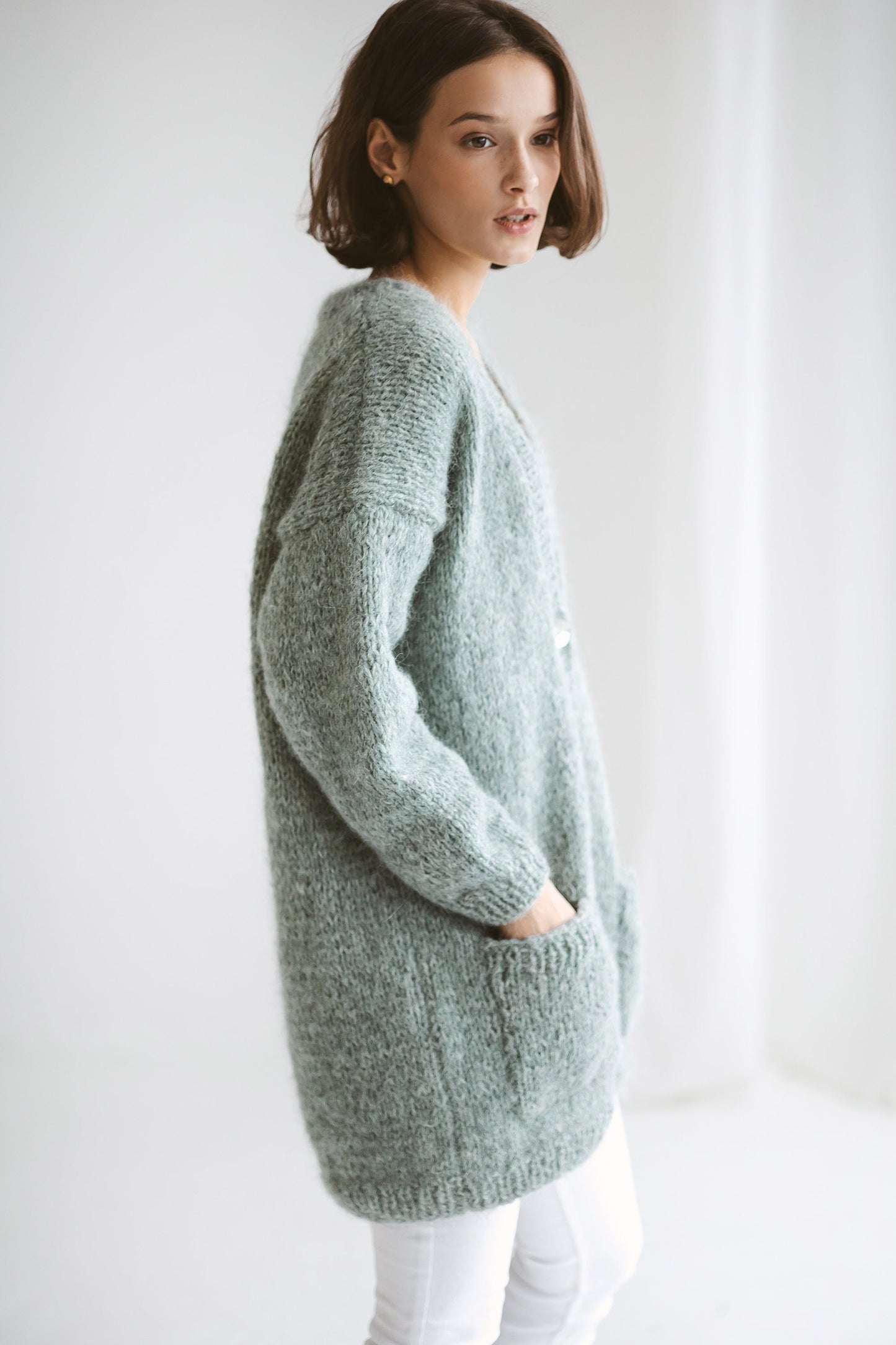 Sea Green Alpaca Cardigan With Pockets, Relaxed Fit Cable Knit Buttoned Cardigan, Chunky Knit Alpaca Wool Sweater With Buttons, Oversized