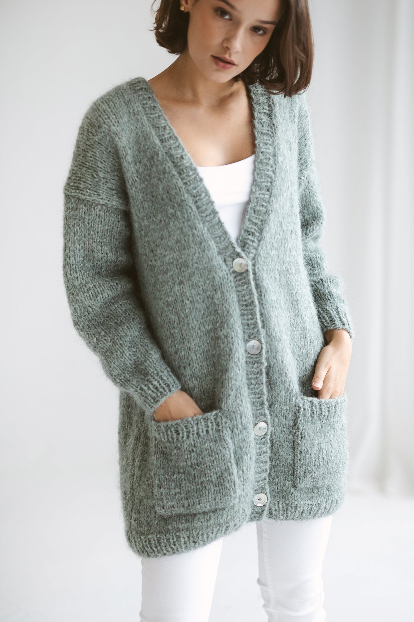 Sea Green Alpaca Cardigan With Pockets, Relaxed Fit Cable Knit Buttoned Cardigan, Chunky Knit Alpaca Wool Sweater With Buttons, Oversized
