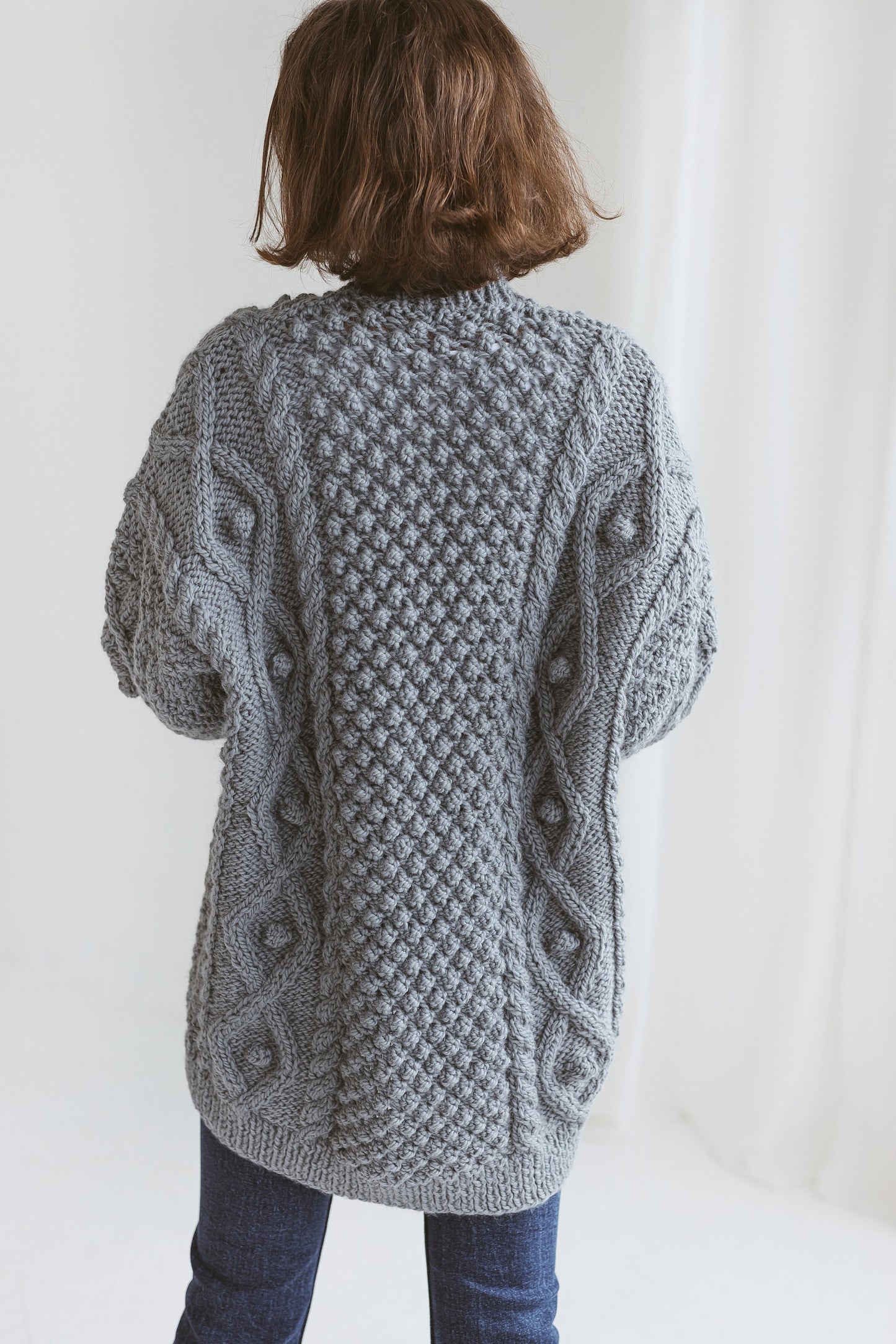 Gray super chunky knit alpaca wool cardigan with buttons, Irish cable knitted grey oversized women's sweater, thick jacket with braids, gift