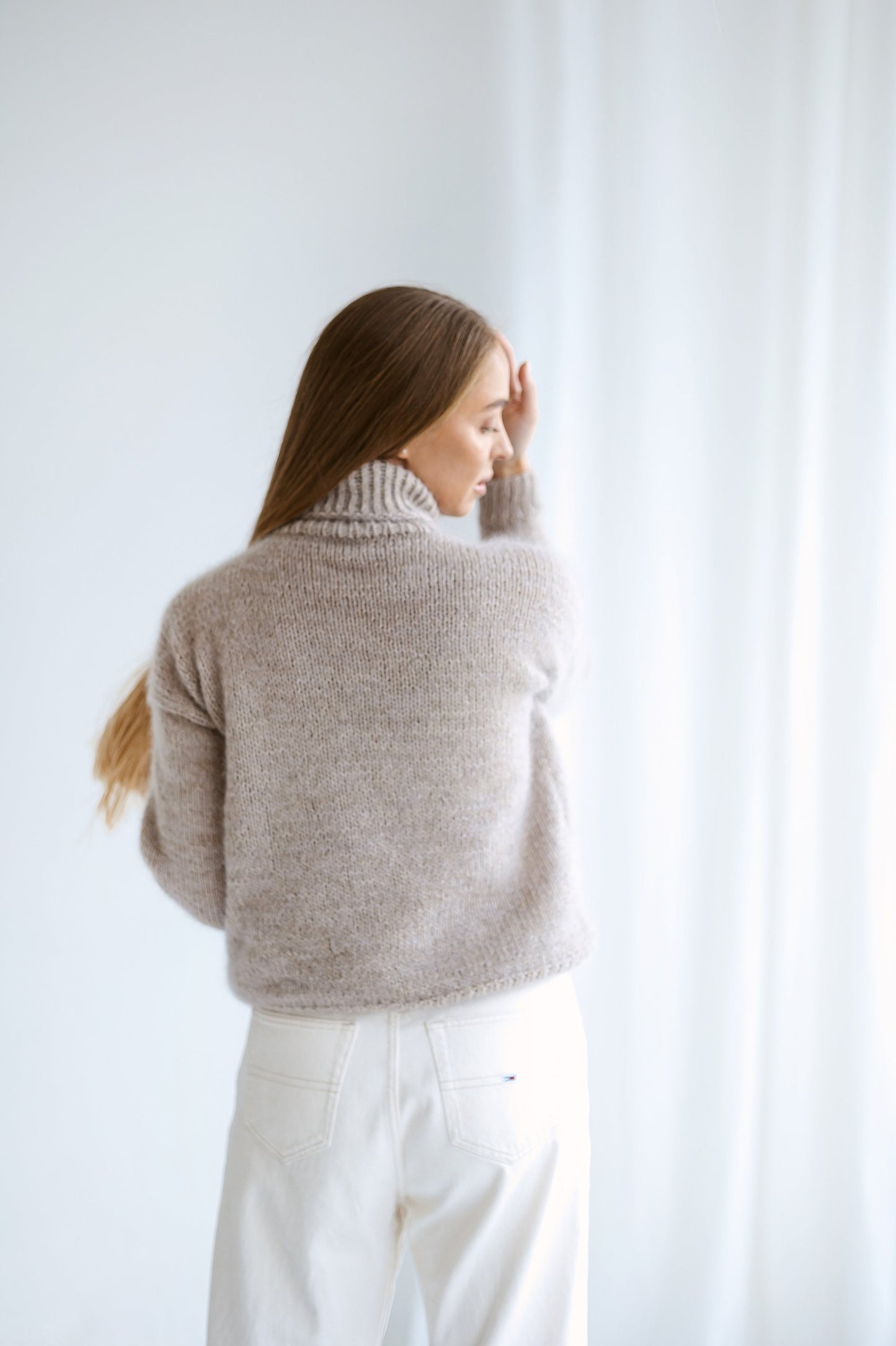 Beige mohair sweater, creamy cable knit alpaca pullover, nude fuzzy mohair turtleneck jumper, fluffy mohair high neck sweater,gift for women