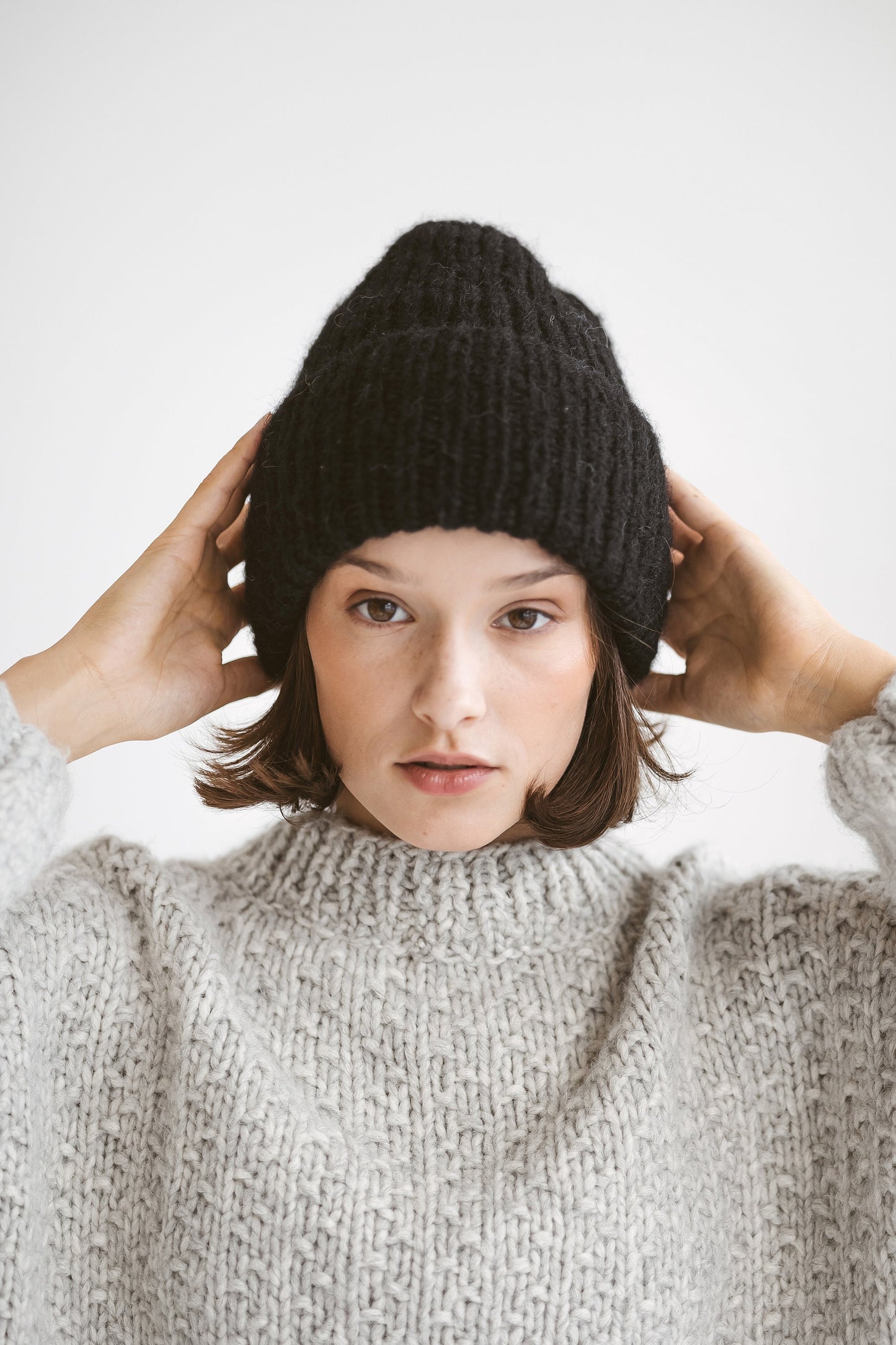 Black cable knit alpaca hat, woman knitted hat, winter wool beanie, boho fuzzy hat, hand knit ribbed beanie, gift for women, Christmas gift