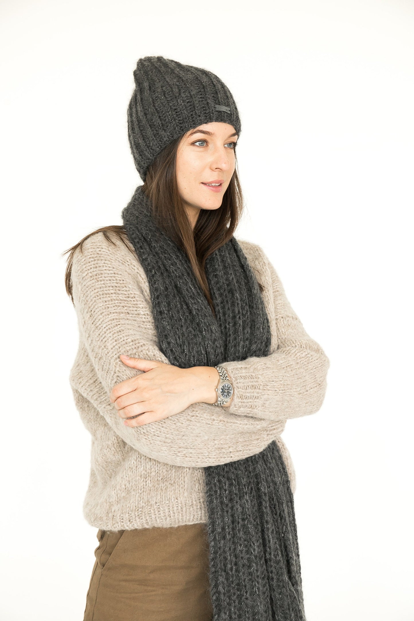Gray knit hat and scarf set, fuzzy mohair scarf, fluffy mohair hat, alpaca slouchy beanie, knitted winter scarf, oversized scarf,chunky knit
