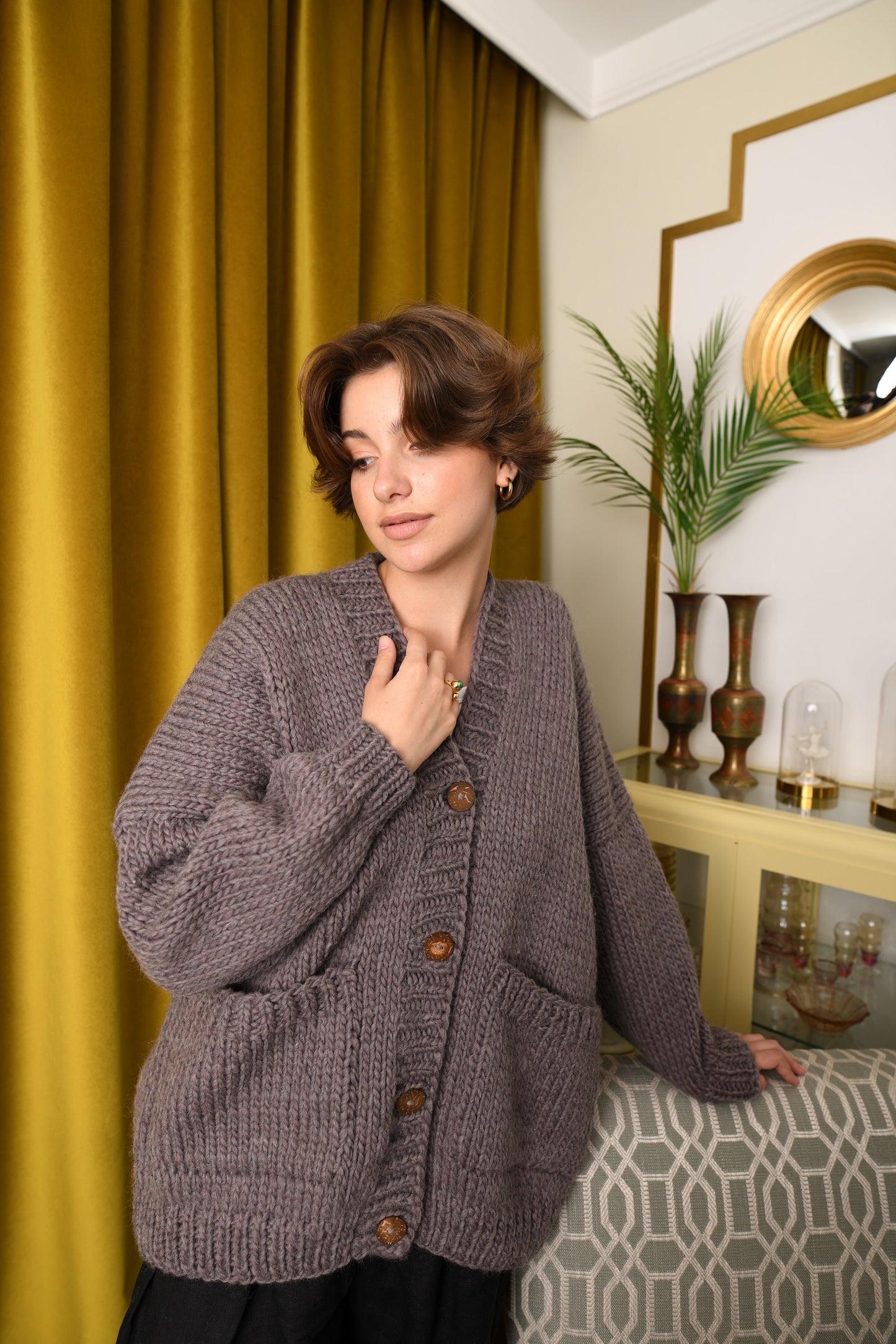 Brown Wool Cardigan With Buttons And Deep Pockets, Mocha Beige Oversized Cardigan, Minimalist Chunky Cardigan, Cable Knit Cardigan For Women