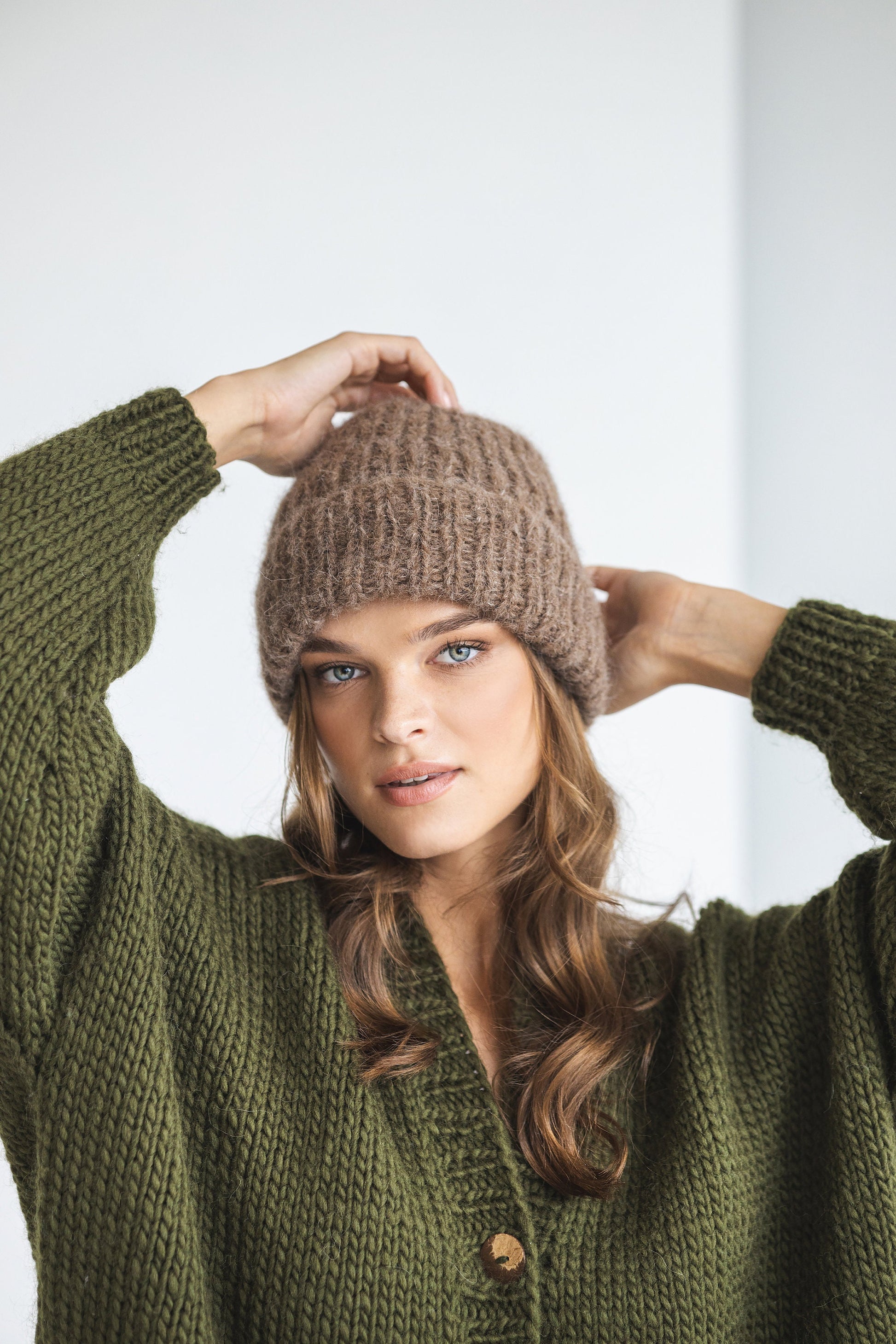 Brown ribbed alpaca beanie, beige women knitted hat, camel winter cable knit beanie, fisherman wool cap, gift for women, unisex skull beanie