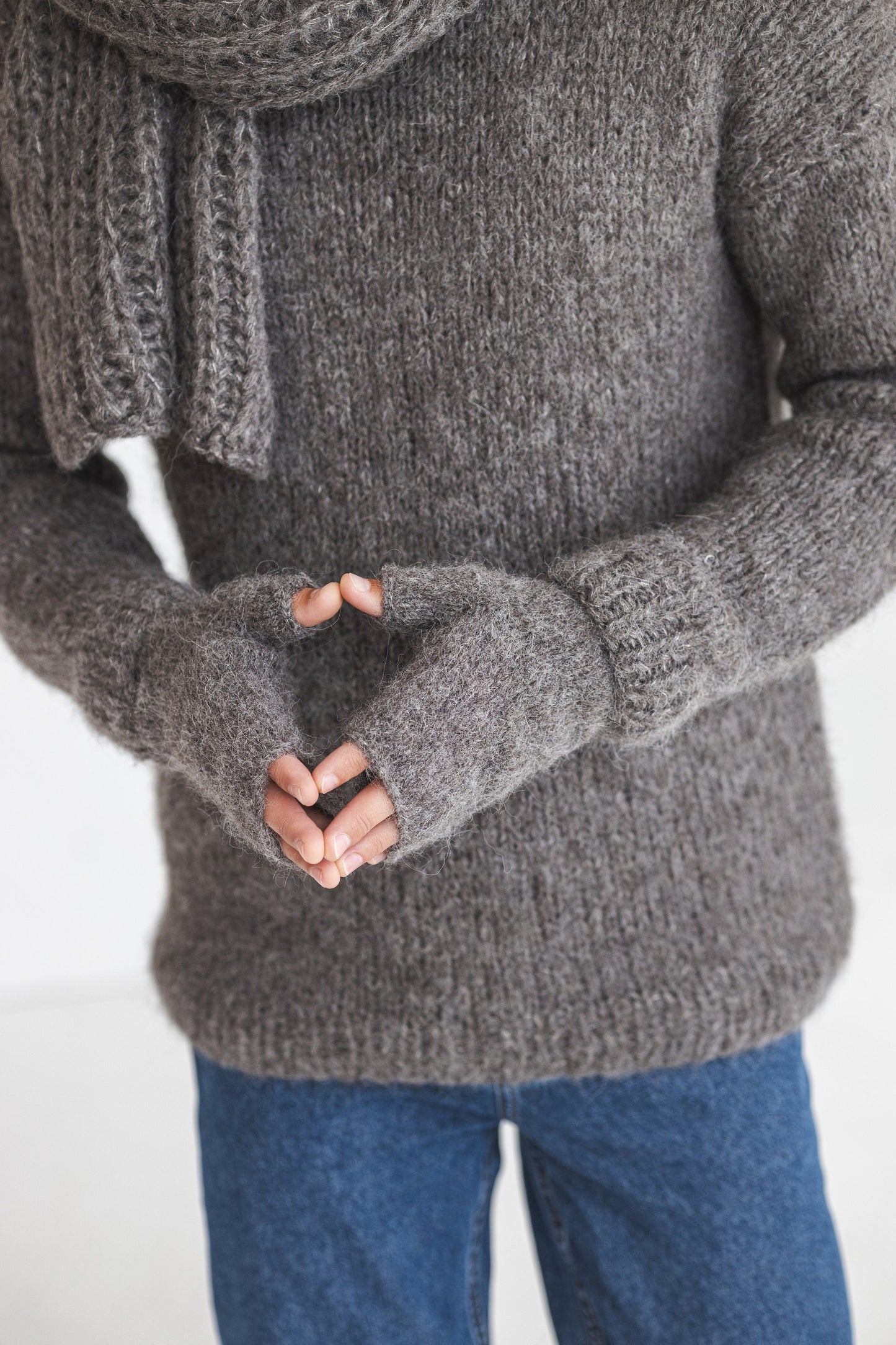 Gray knitted fingerless mens mittens, scarf and hat set, grey cable knit alpaca wool gloves, beanie, neck warmer set, hand made gift for man