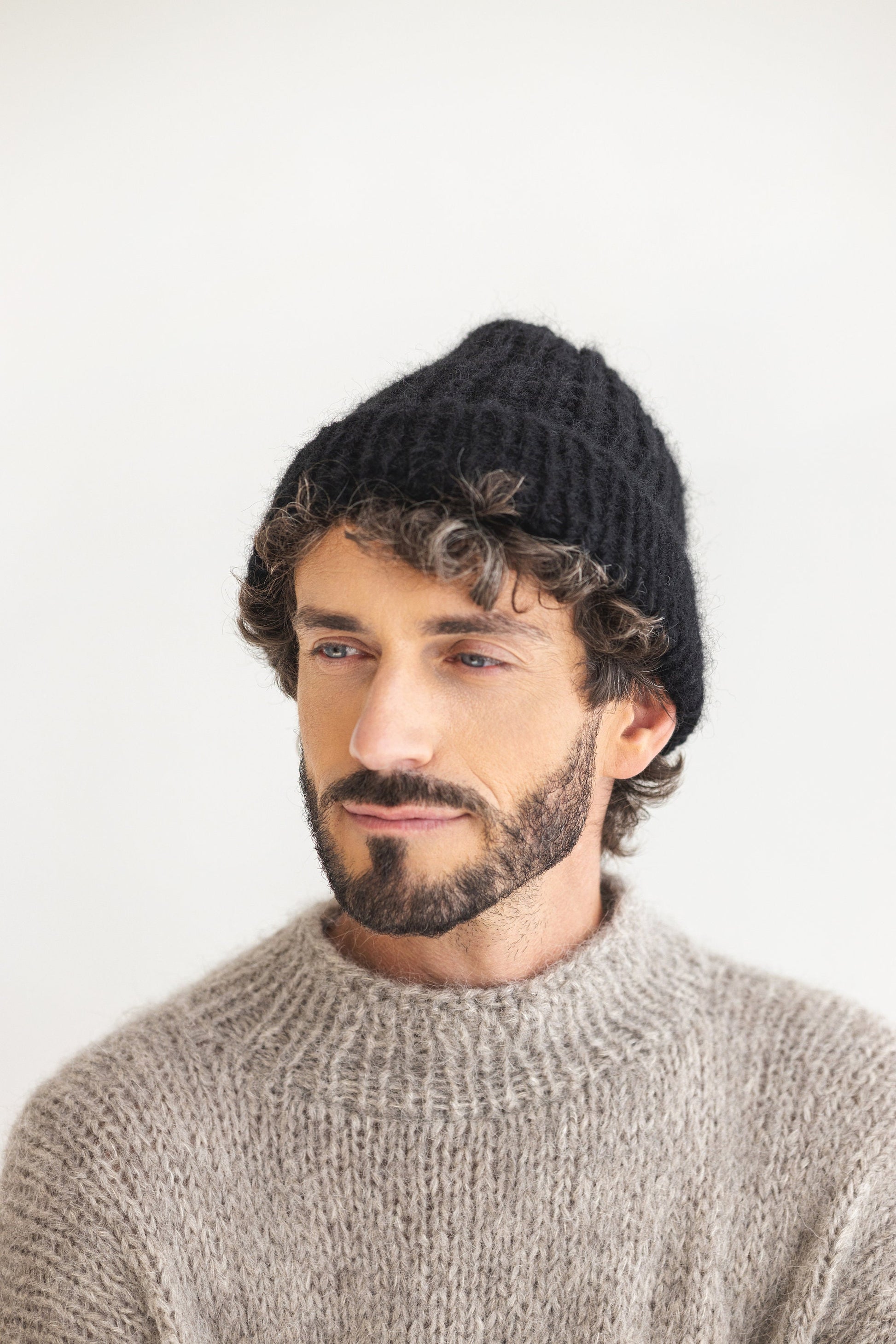 Black ribbed handmade alpaca beanie, men's knitted hat, winter cable knit beanie, fisherman wool cap, gift for men, unisex skull