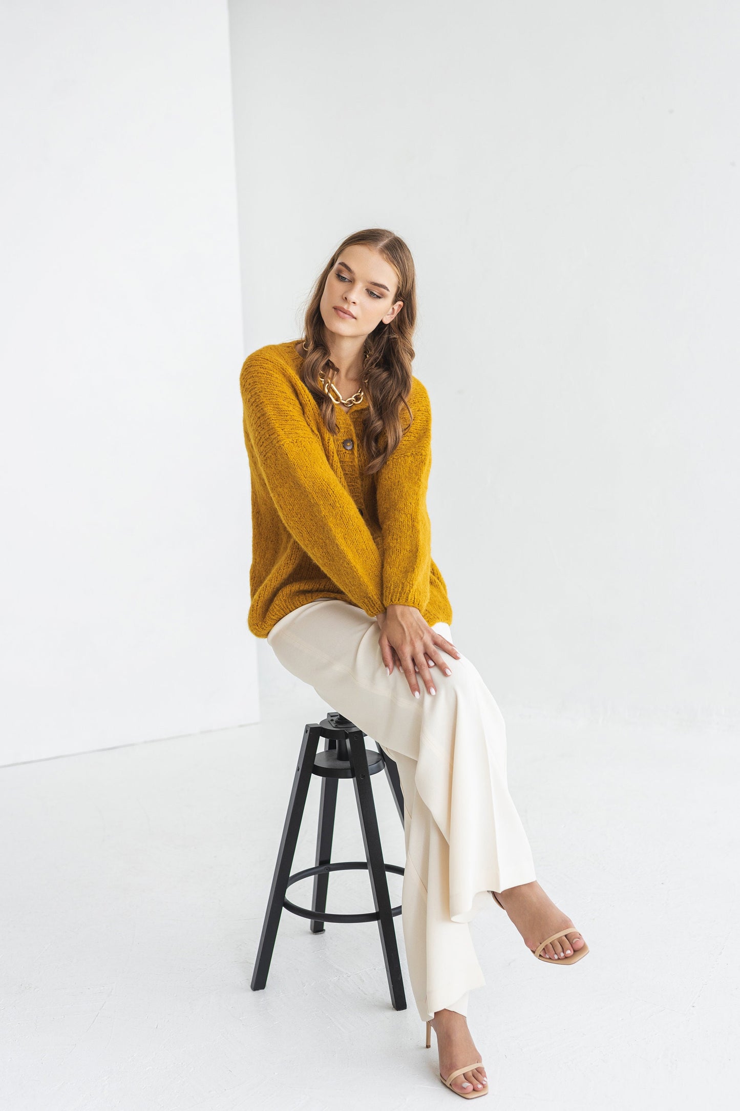 Mustard Yellow Alpaca Wool Cardigan With Buttons, Curry Cable Knit Lightweight Sweater, Slightly Oversized Minimalist Classy Women Gilet