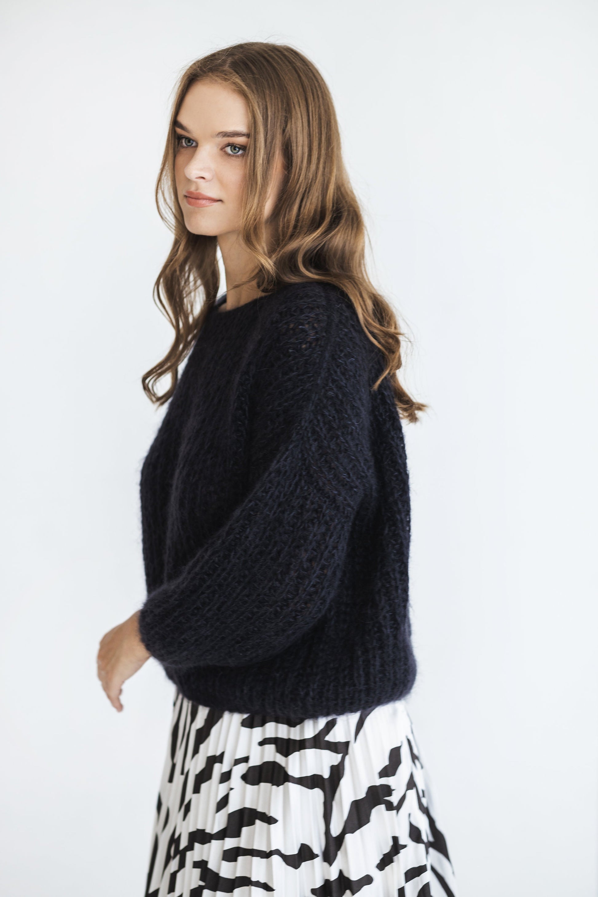 Black mohair hand knitted fluffy sweater, boat neck alpaca wool blend jumper, fuzzy cable knit pullover,slightly oversized ribbed thick pull
