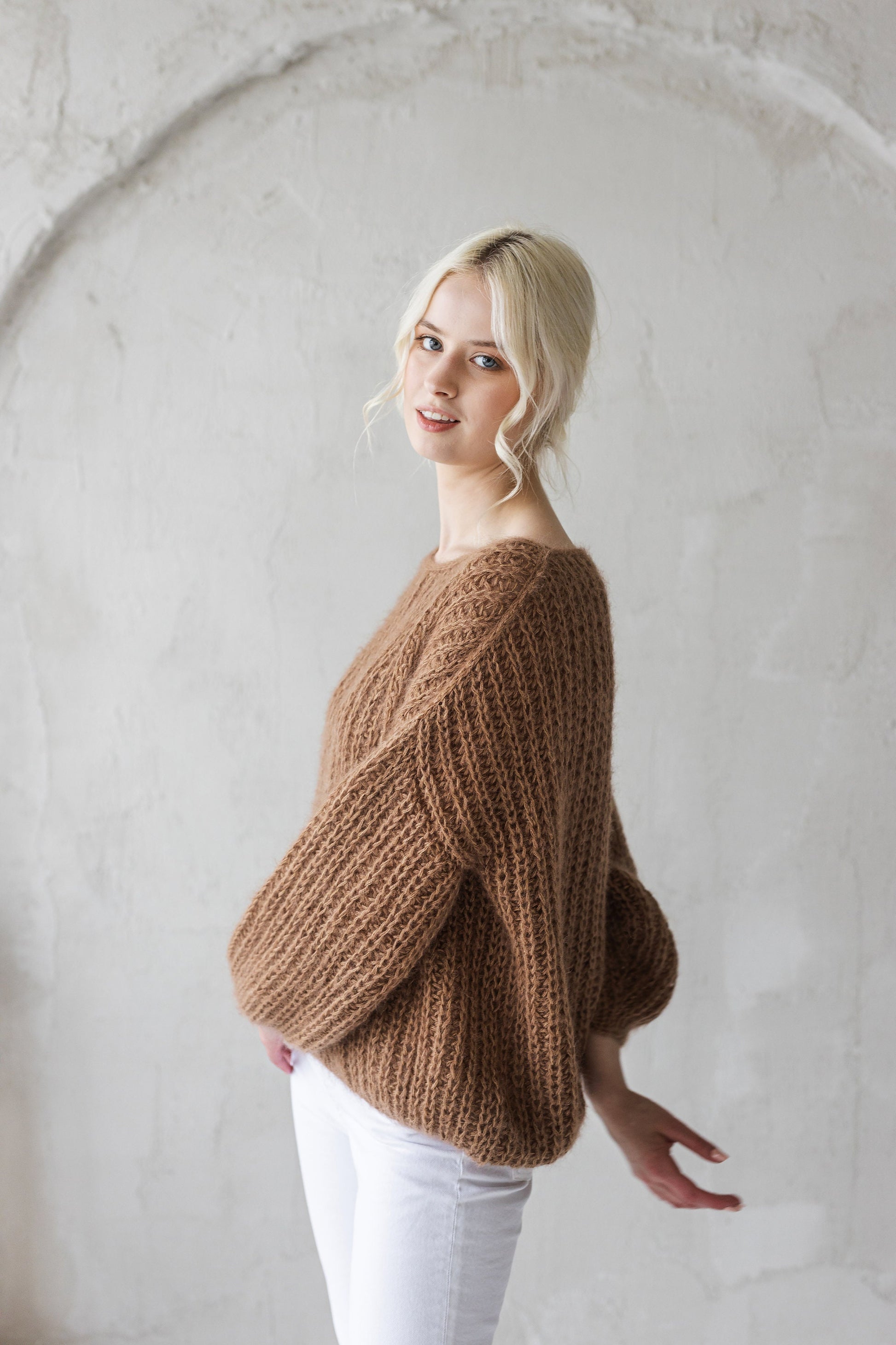 Camel beige mohair hand knitted fluffy sweater, taupe brown boat neck alpaca wool jumper, fuzzy cable knit pullover, oversized thick pull