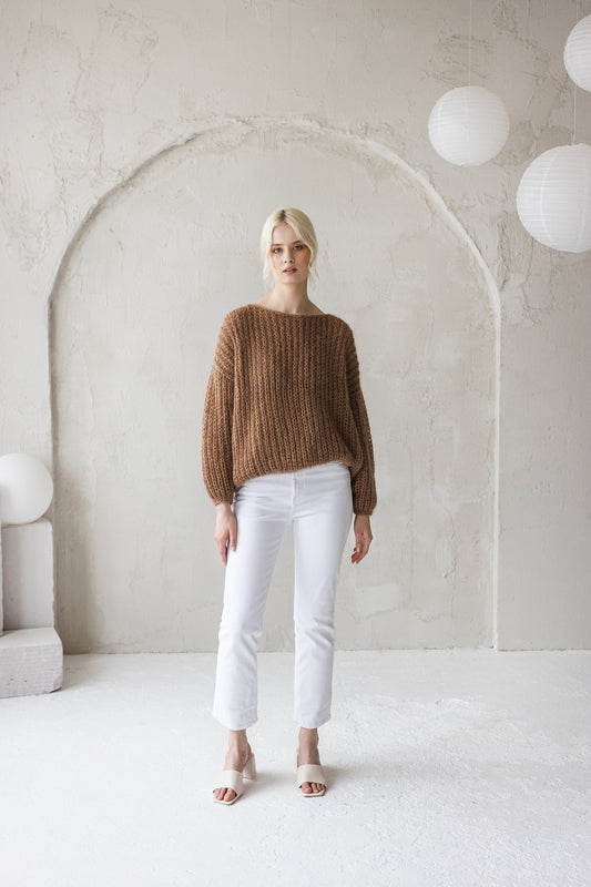 Camel beige mohair hand knitted fluffy sweater, taupe brown boat neck alpaca wool jumper, fuzzy cable knit pullover, oversized thick pull