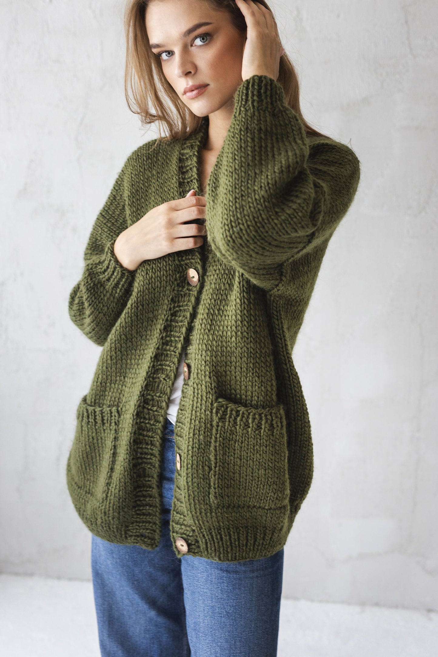 Green chunky knit wool cardigan with pockets and buttons, army green oversized hand knitted sweater, olive green cable knit jacket for women