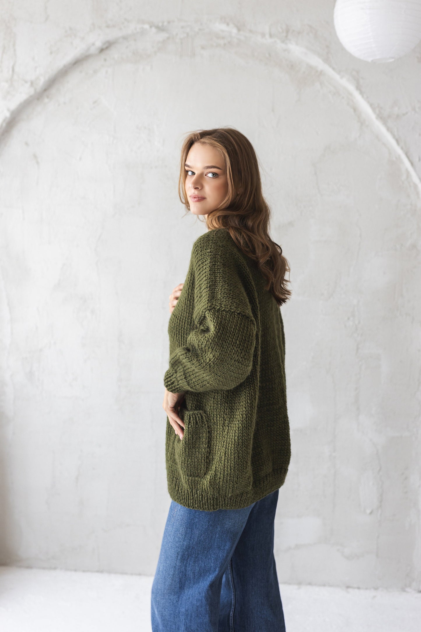 Green chunky knit wool cardigan with pockets and buttons, army green oversized hand knitted sweater, olive green cable knit jacket for women