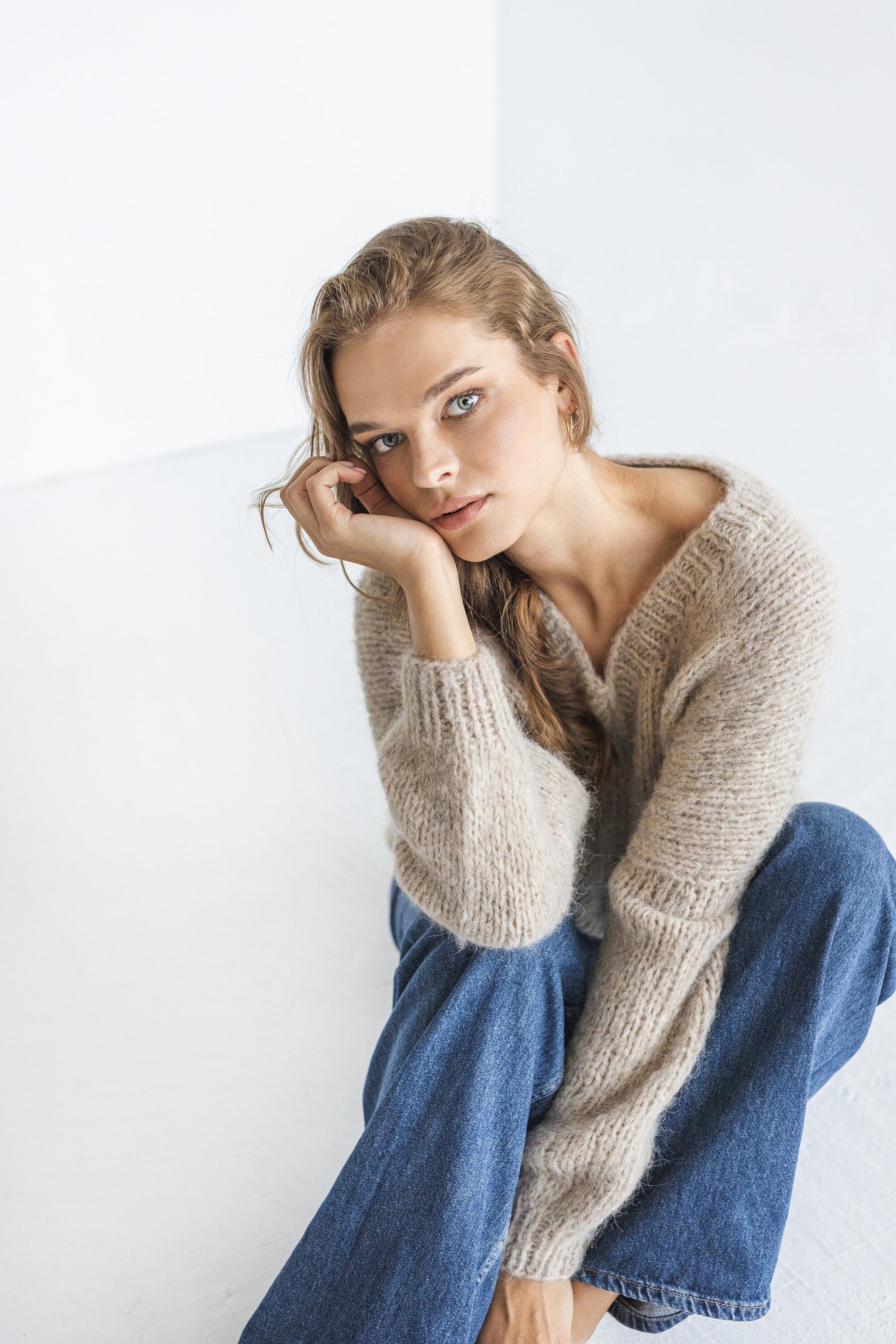 Beige cable knit alpaca sweater, camel chunky knitted V neck wool pullover, taupe thick oversized jumper, nude pastel handmade pull, gift