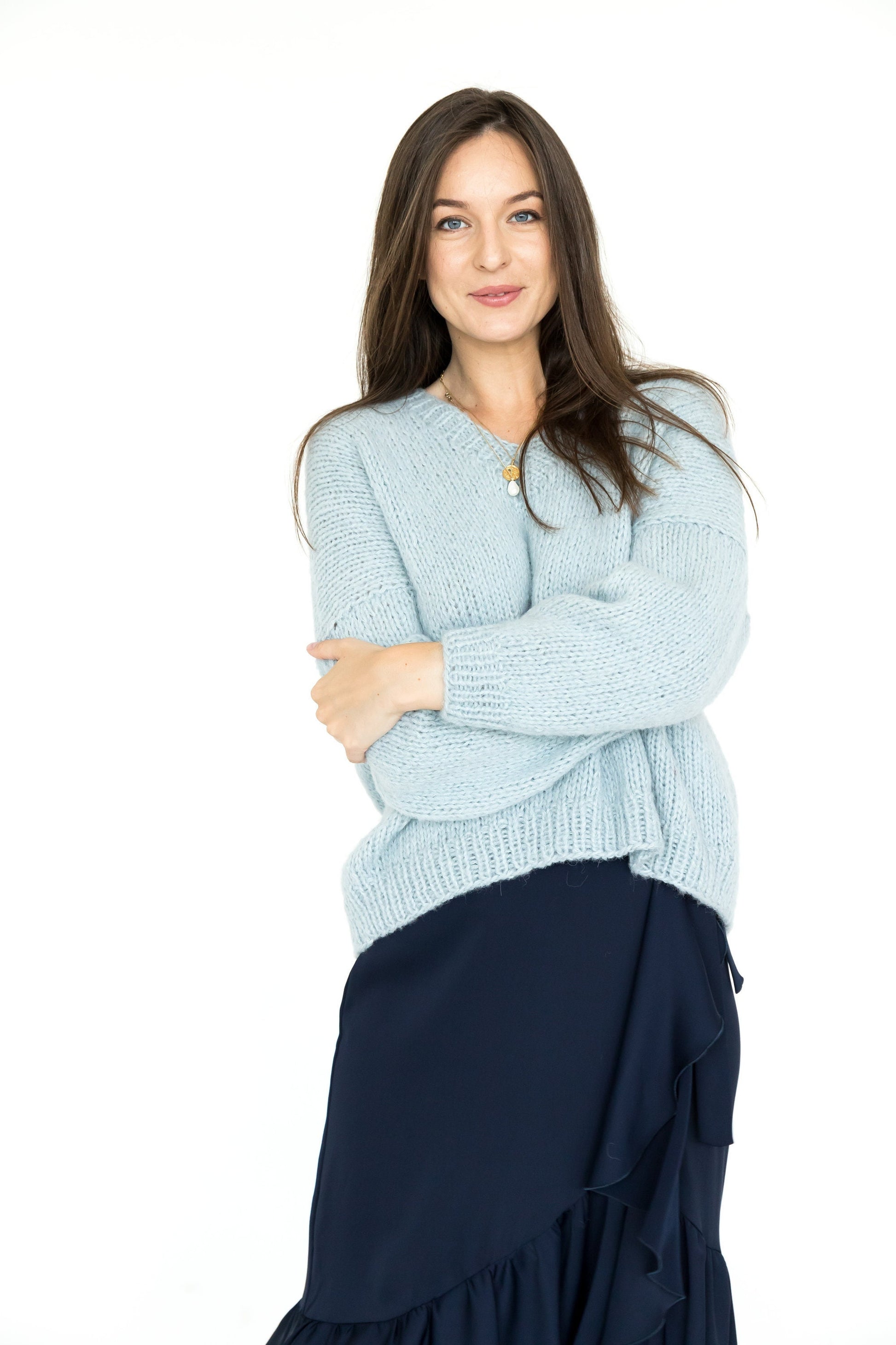 Cable knit light blue V-neck alpaca wool jumper, sky blue hand-knitted slightly oversized sweater, pacific women's pullover, handmade gift