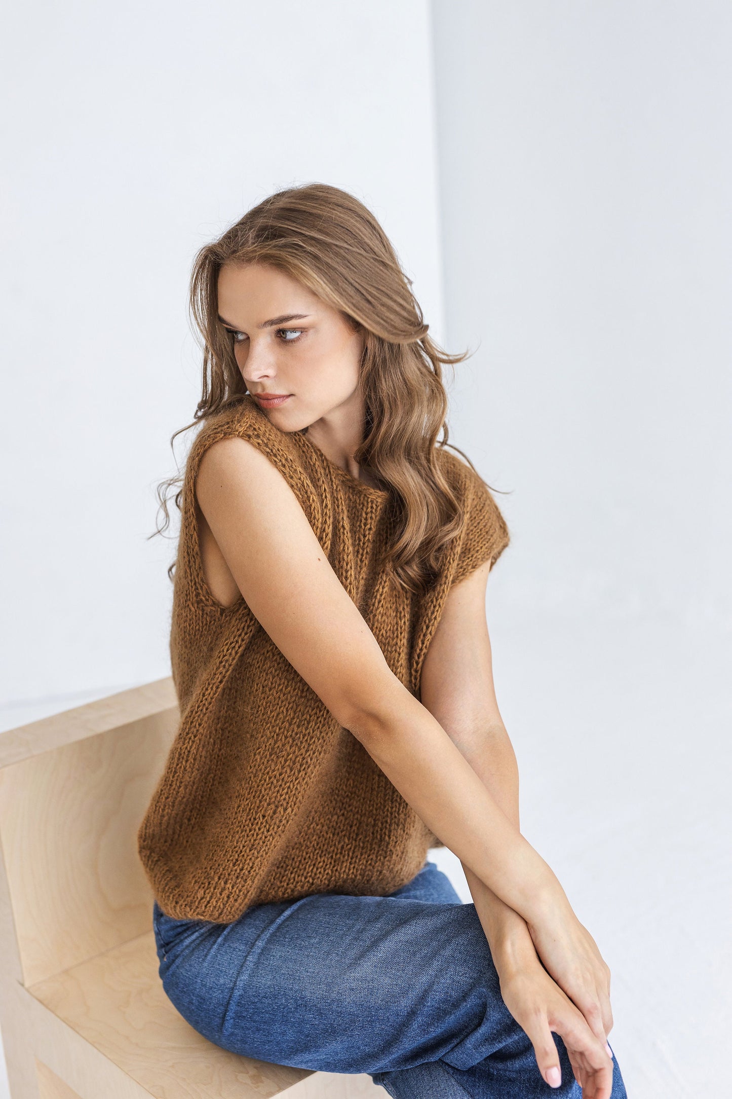 Brown Mohair Cable Knit Sweater Vest, Chunky Knitted Tank Top, French Beige Handcrafted Gilet For Women, Camel Taupe Boat Neck Winter Vest