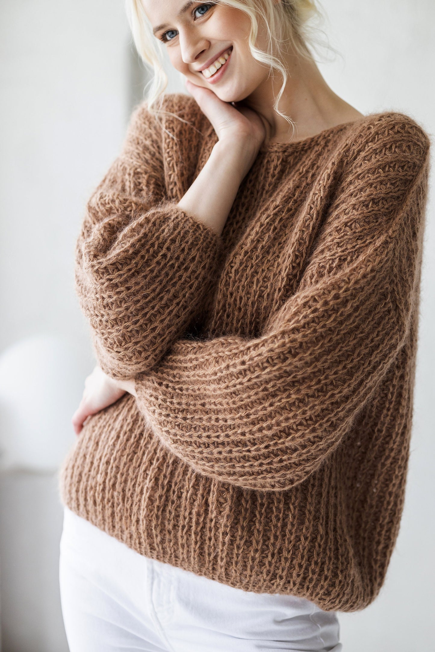 Camel beige mohair hand knitted fluffy sweater, taupe brown boat neck alpaca wool jumper, fuzzy cable knit pullover, oversized thick pull