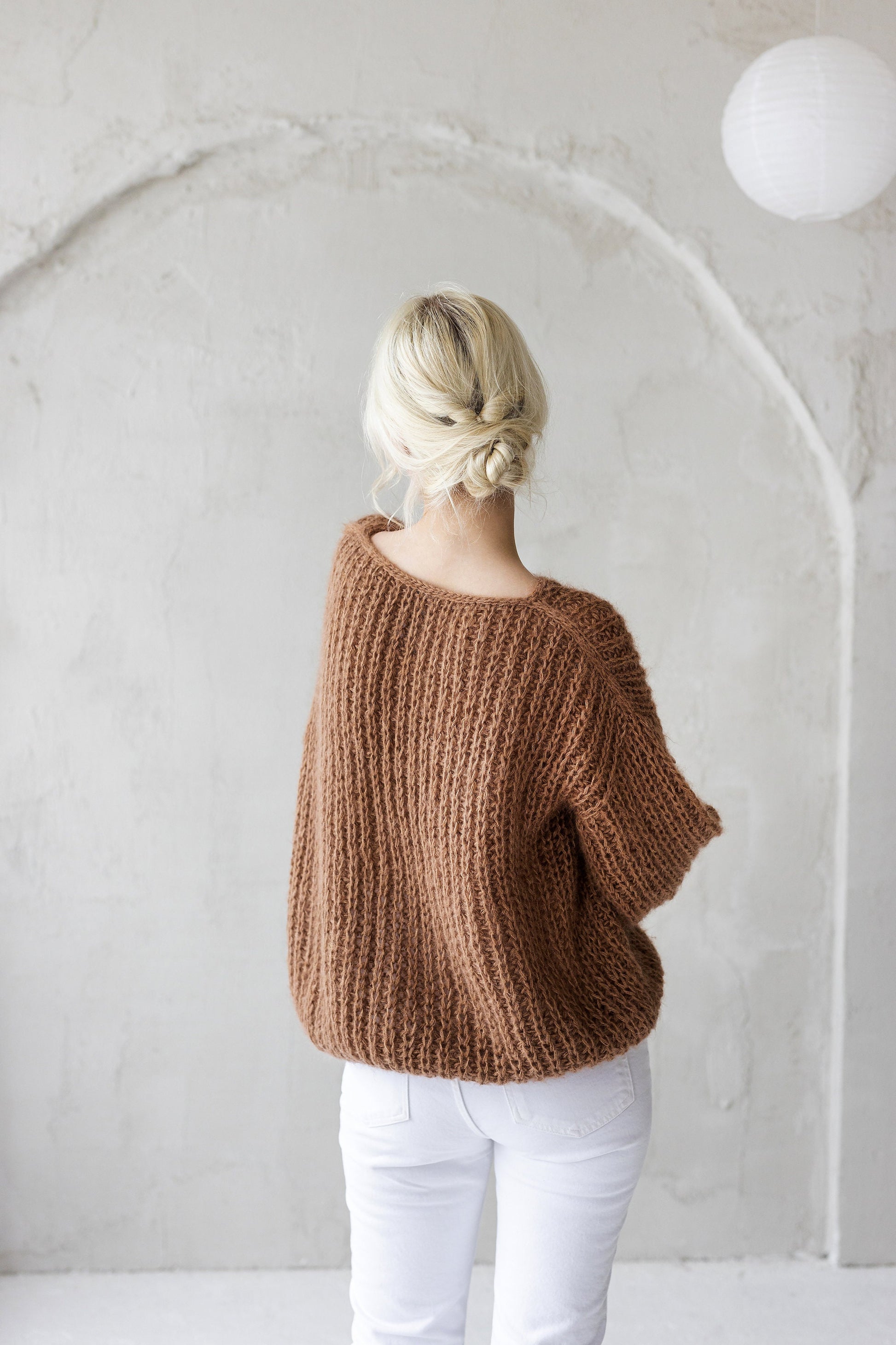 Camel beige mohair hand knitted fluffy sweater, taupe brown boat neck alpaca wool jumper, fuzzy cable knit pullover, oversized thick pull