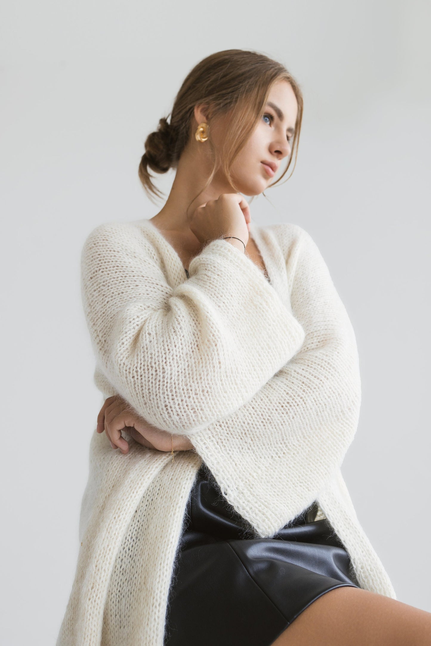 White cable knit kimono mohair cardigan, oversized fluffy alpaca wool blend chunky knitted sweater, ivory boho thick strickjacke damen gift