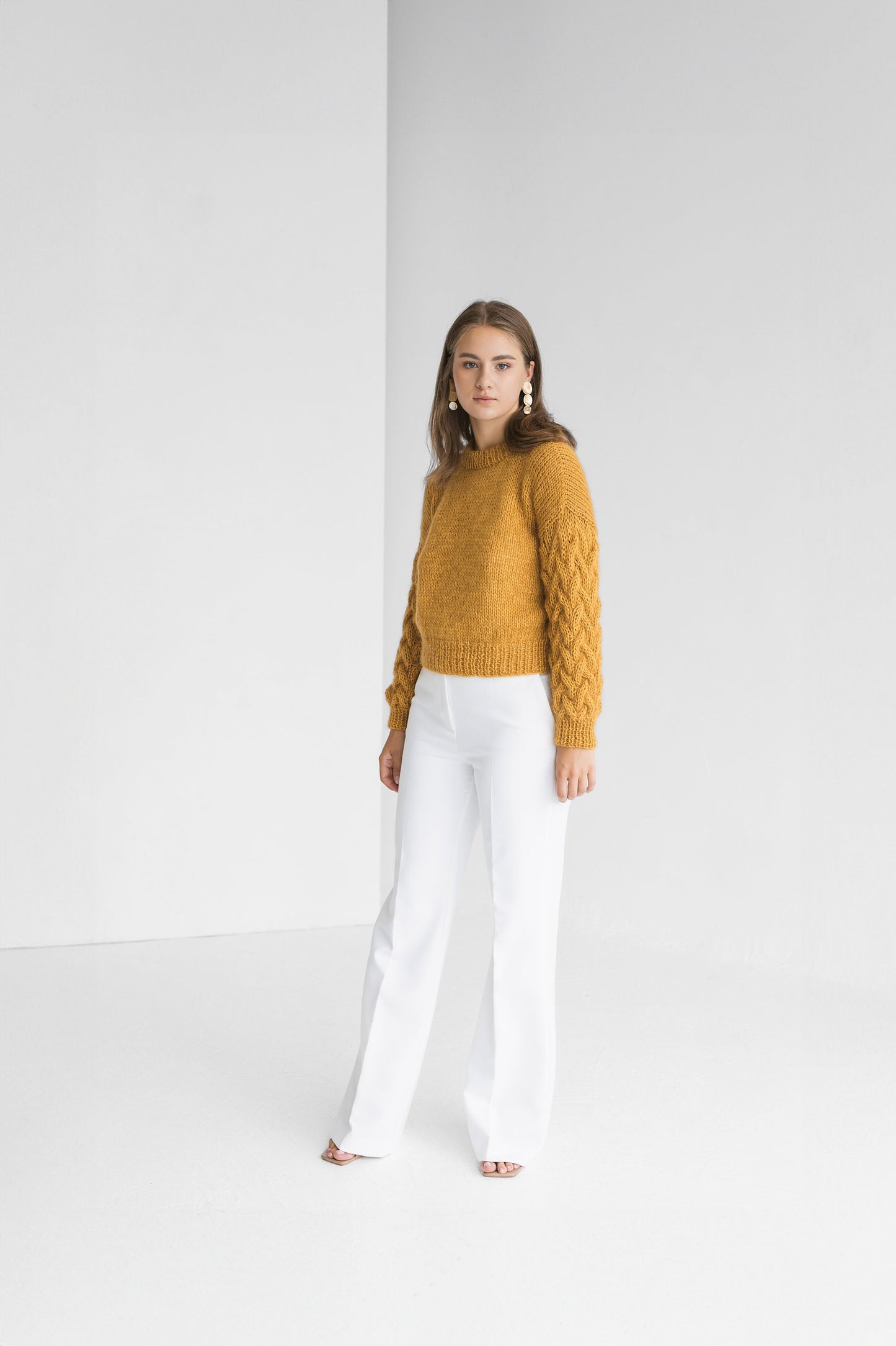 Curry mohair high waste knitted sweater, yellow cropped alpaca wool blend jumper, mustard fluffy crop cable knit pullover,fuzzy short chunky