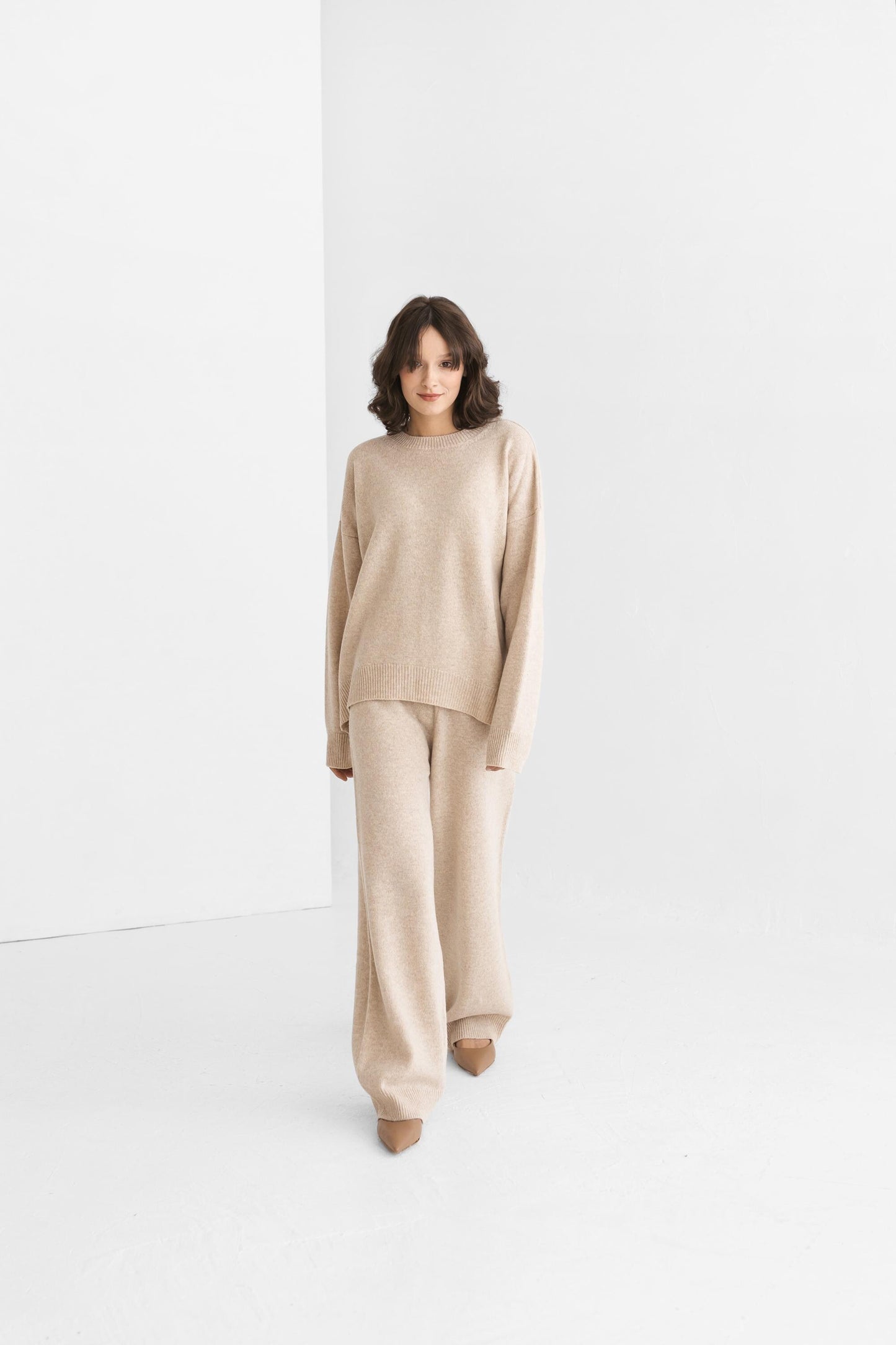 Beige knitted merino wool sweater and trousers set for women, taupe women's knit minimal lounge pullover and pants, camel minimal loungewear