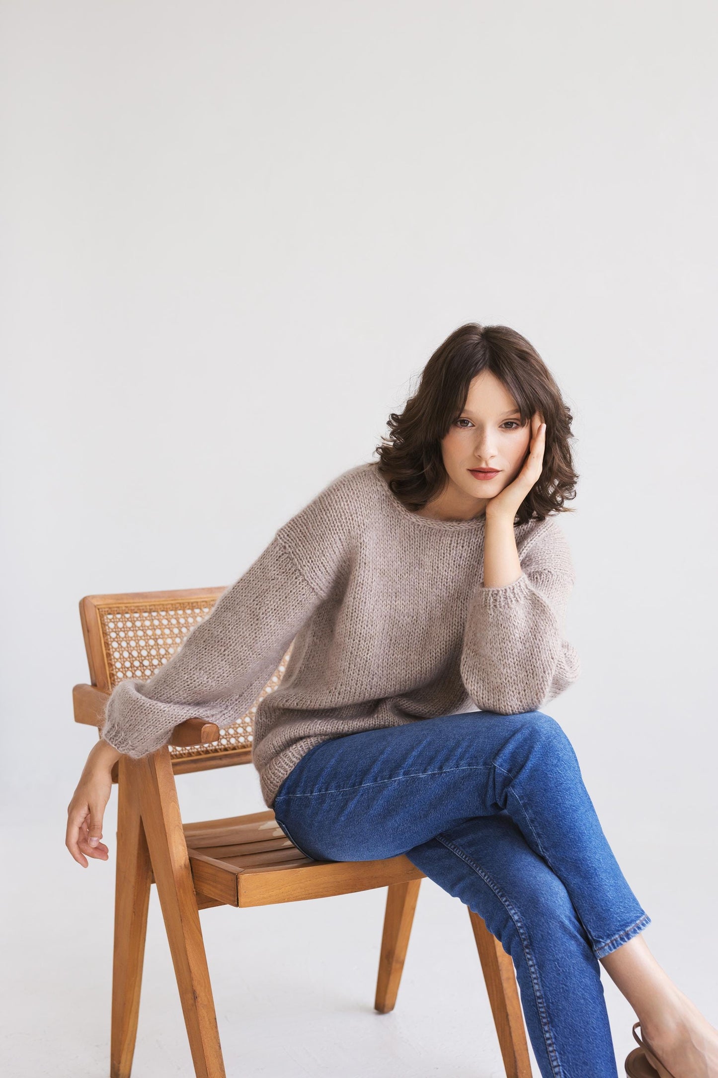 Beige cable knit mohair thick fluffy sweater, camel chunky knitted alpaca wool blend jumper, taupe fuzzy pullover, creamy slightly oversized