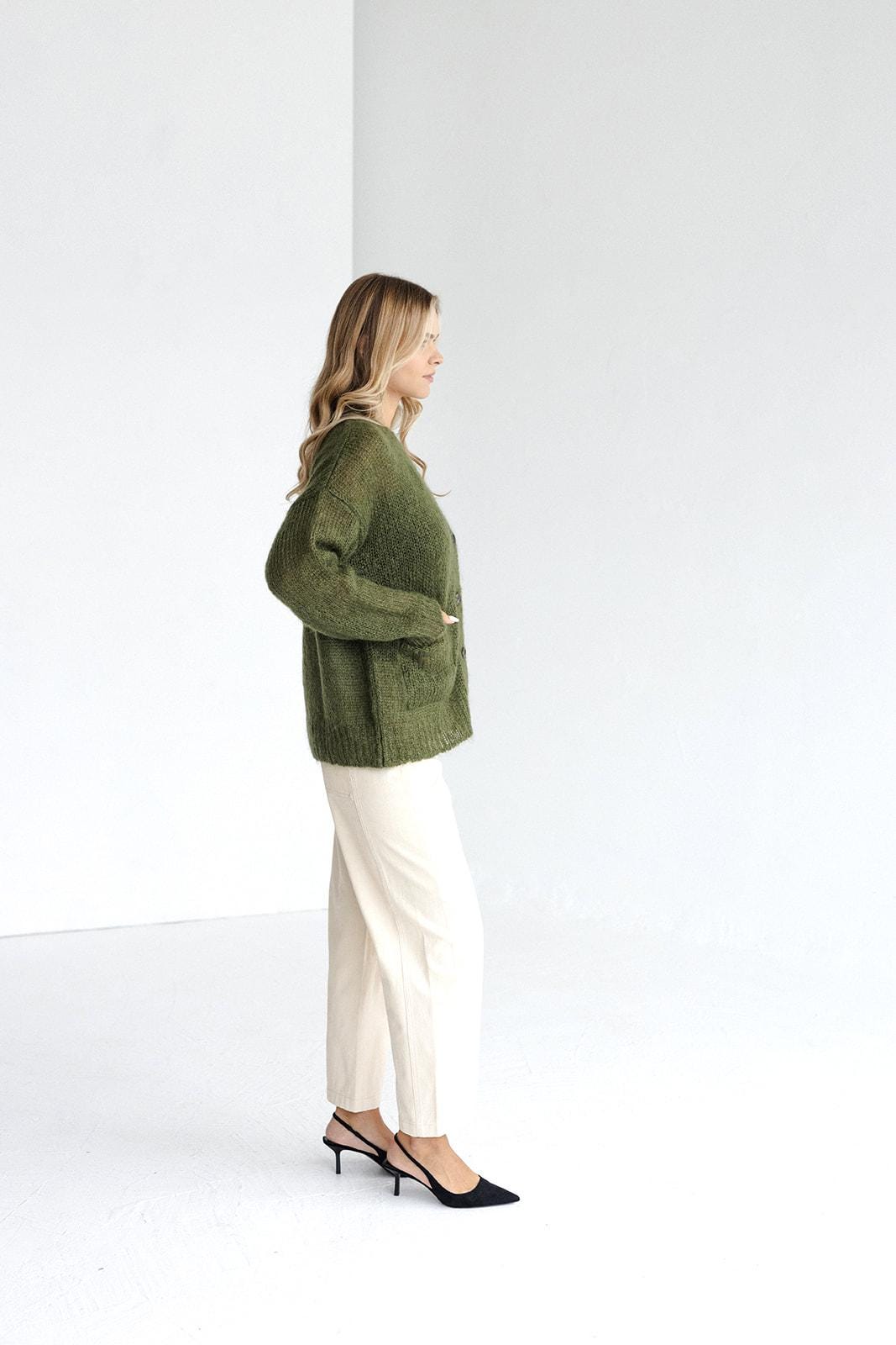 Green fluffy mohair cardigan with buttons and pockets