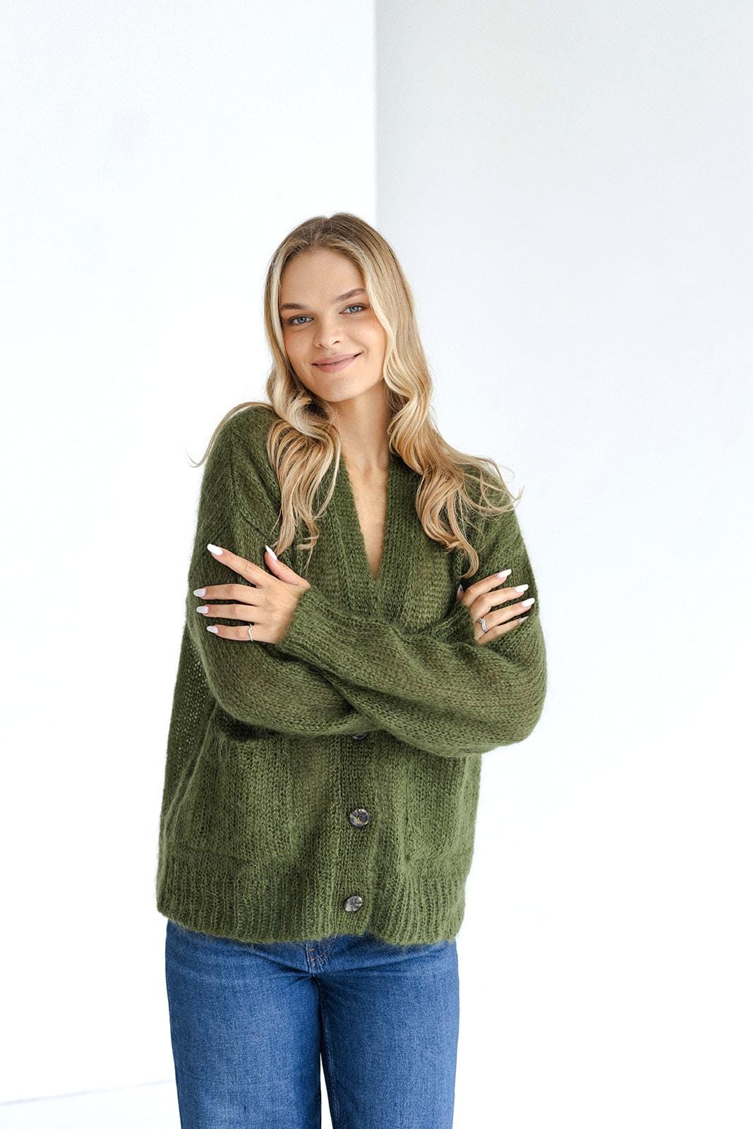Fluffy Cable Knit Mohair Cardigan With Pockets And Buttons, Fuzzy Lightweight Pastel Pink Minimal Style Buttoned V-neck Jacket For Women