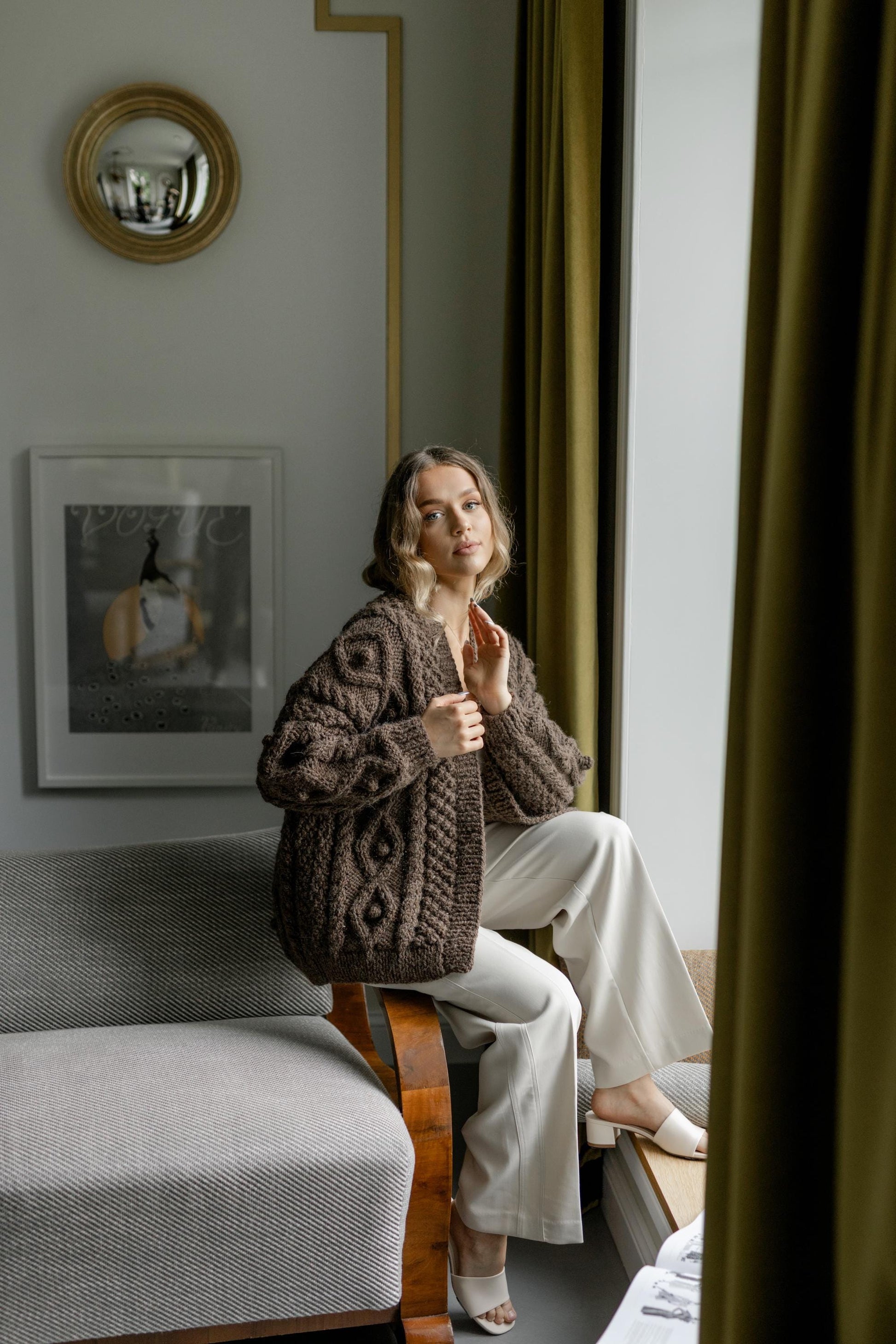 Brown Chunky Knit Oversized Alpaca Cardigan, Cable Knit Women's Jacket, Irish Sweater For Woman, Fair Isle Handmade Wool Cardigan, Gift