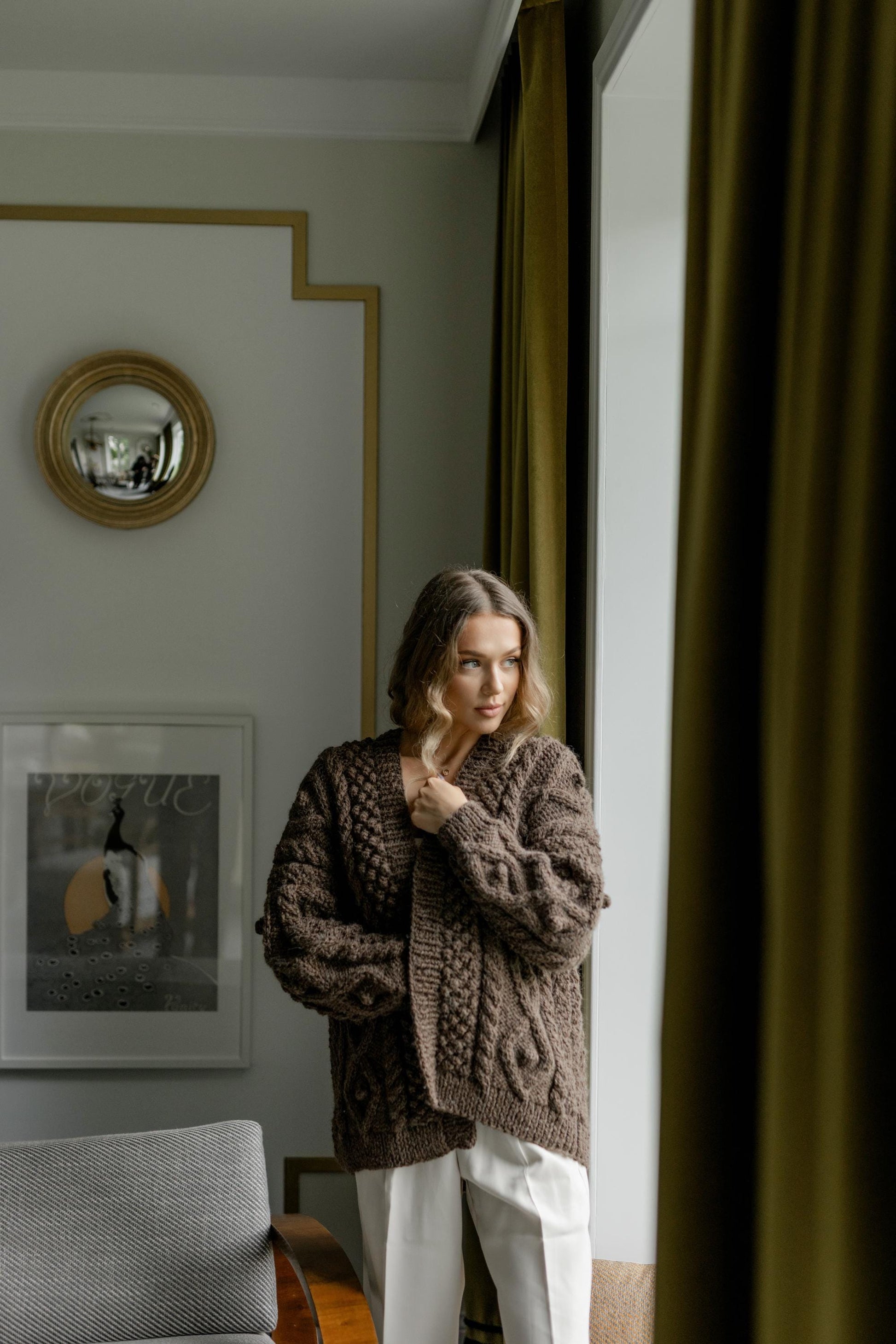 Brown Chunky Knit Oversized Alpaca Cardigan, Cable Knit Women's Jacket, Irish Sweater For Woman, Fair Isle Handmade Wool Cardigan, Gift