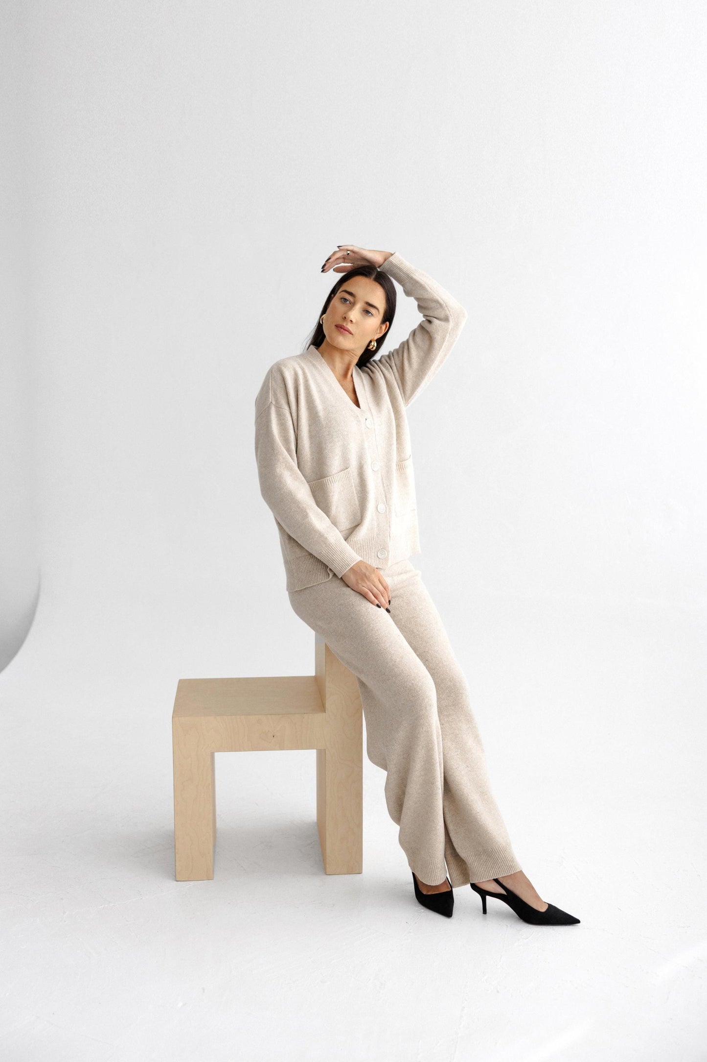 Camel Knitted Merino Wool Cardigan With Buttons And Pockets, Beige Knit Buttoned Woolen Sweater For Women, V-neck Slightly Oversized Sweater