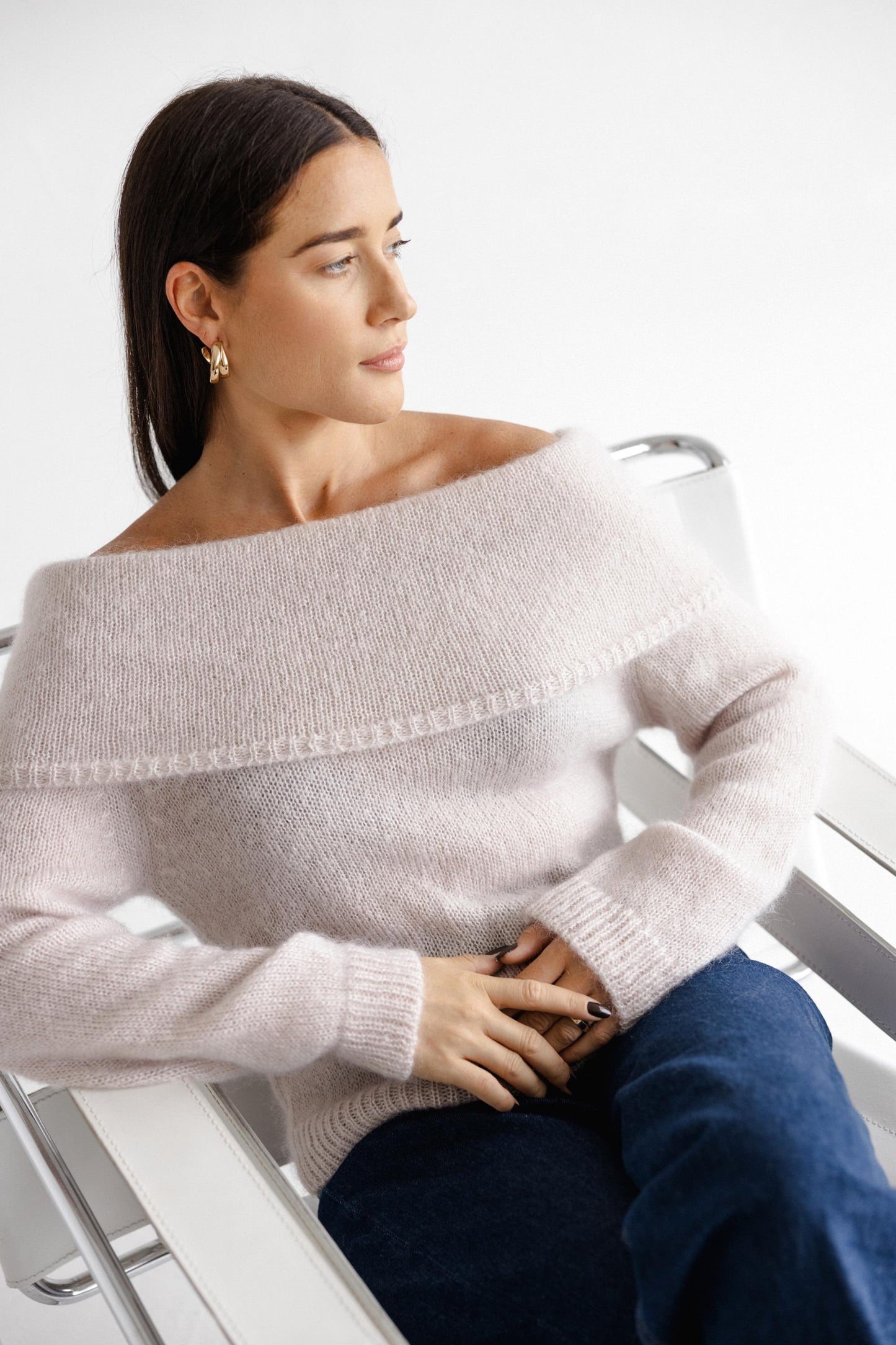 Pink Cable Knit Off-Shoulder Sweater Slouchy Fold-Over Bardot Jumper, Fluffy Mohair Wool Pullover, Pastel Chunky Fuzzy Knit for Women