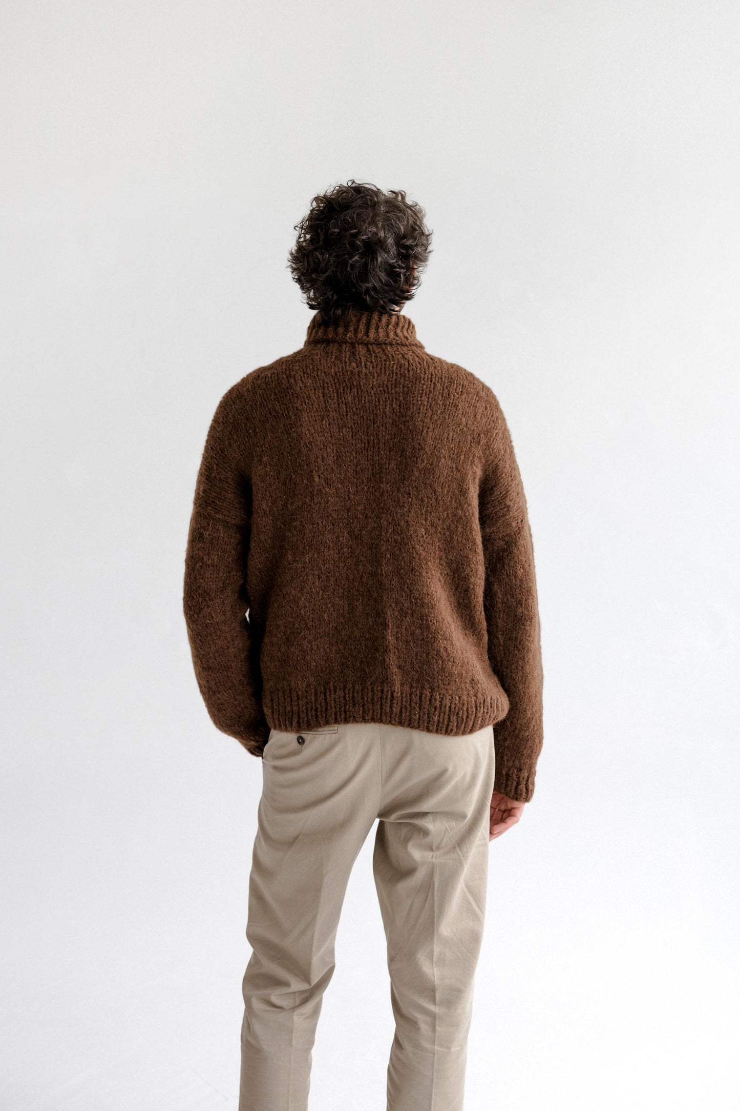 Chunky knit brown alpaca wool turtleneck sweater for men, cable knitted woolen men's polo neck jumper,handmade thick high roll-neck pullover
