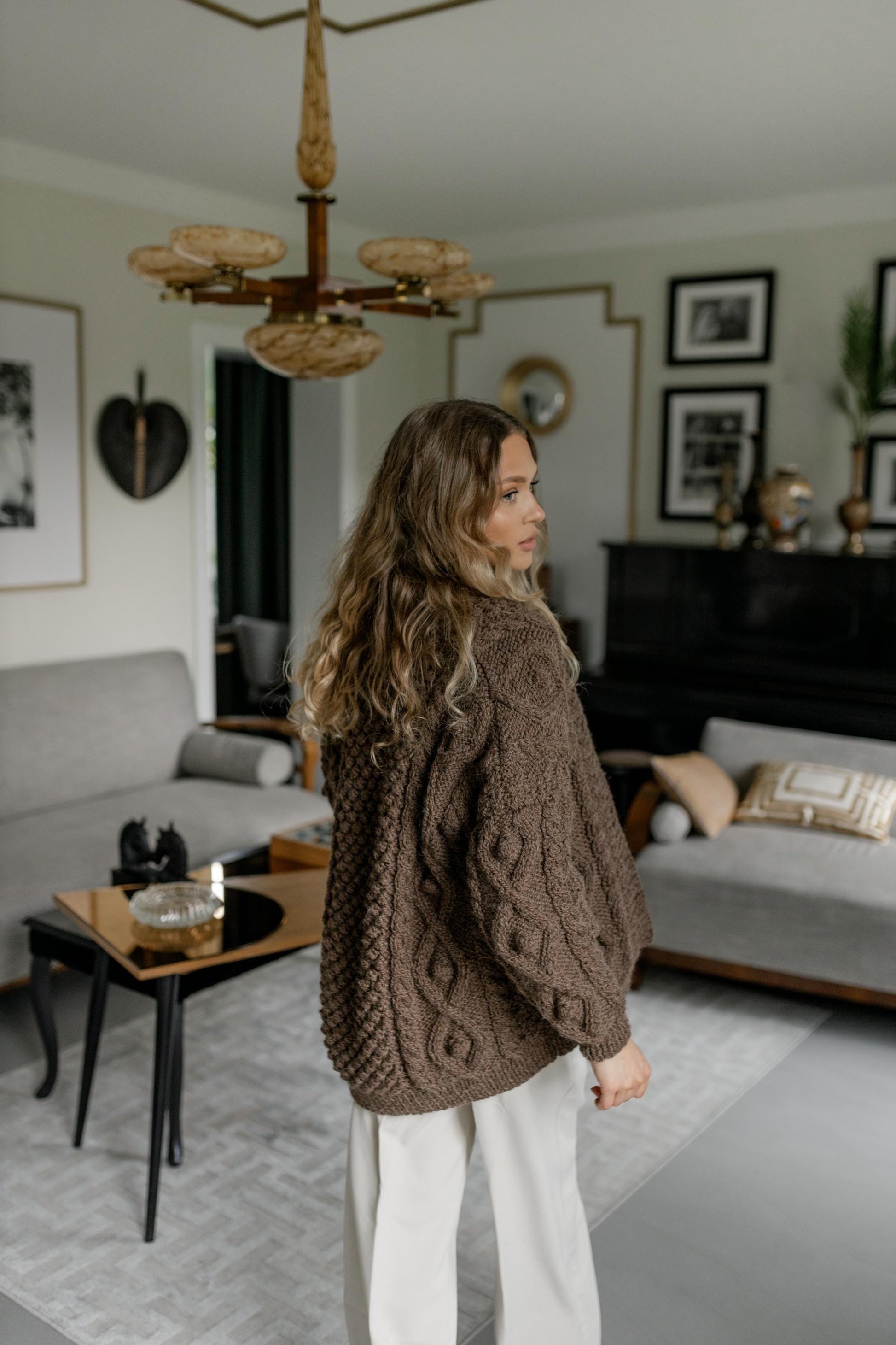 Brown Chunky Knit Oversized Alpaca Cardigan, Cable Knit Women's Jacket, Irish Sweater For Woman, Fair Isle Handmade Wool Cardigan, Gift