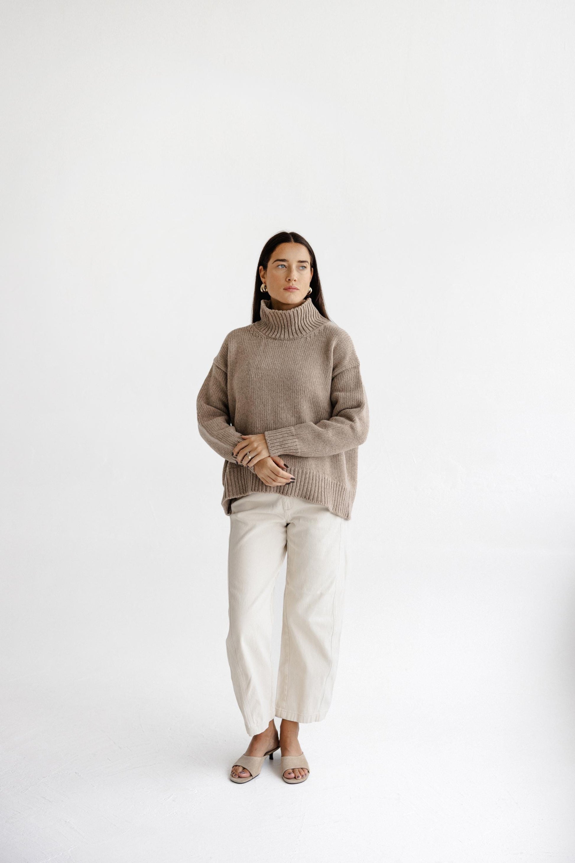 Camel Chunky Knitted Oversized Merino Wool Pullover With High Neck, Beige Cable Knit Woolen Turtleneck Sweater With Longer Back,Taupe Jumper
