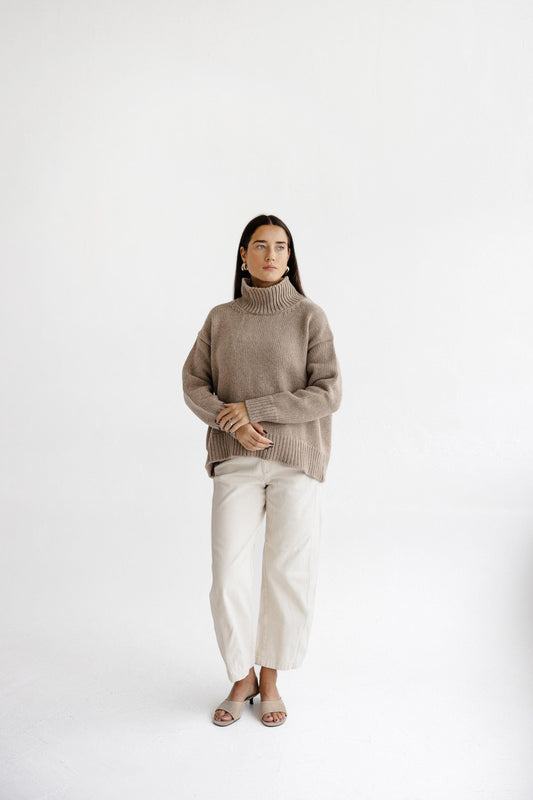 Camel Chunky Knitted Oversized Merino Wool Pullover With High Neck, Beige Cable Knit Woolen Turtleneck Sweater With Longer Back,Taupe Jumper