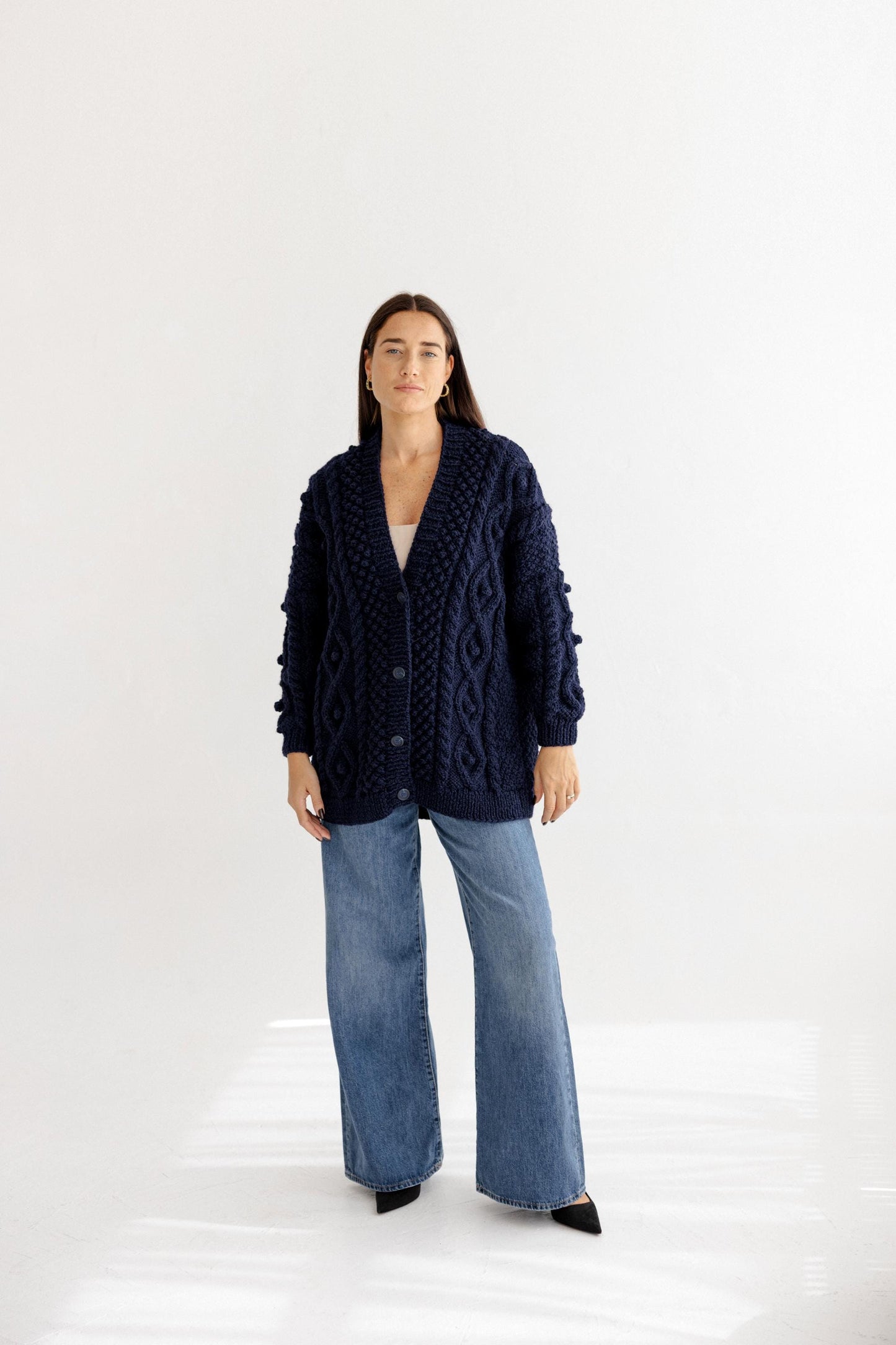 Handmade Navy Blue Aran Cable Knitted Oversized Alpaca Wool Cardigan With Buttons, Chunky Knit Irish Style Women's Button-up V-neck Sweater