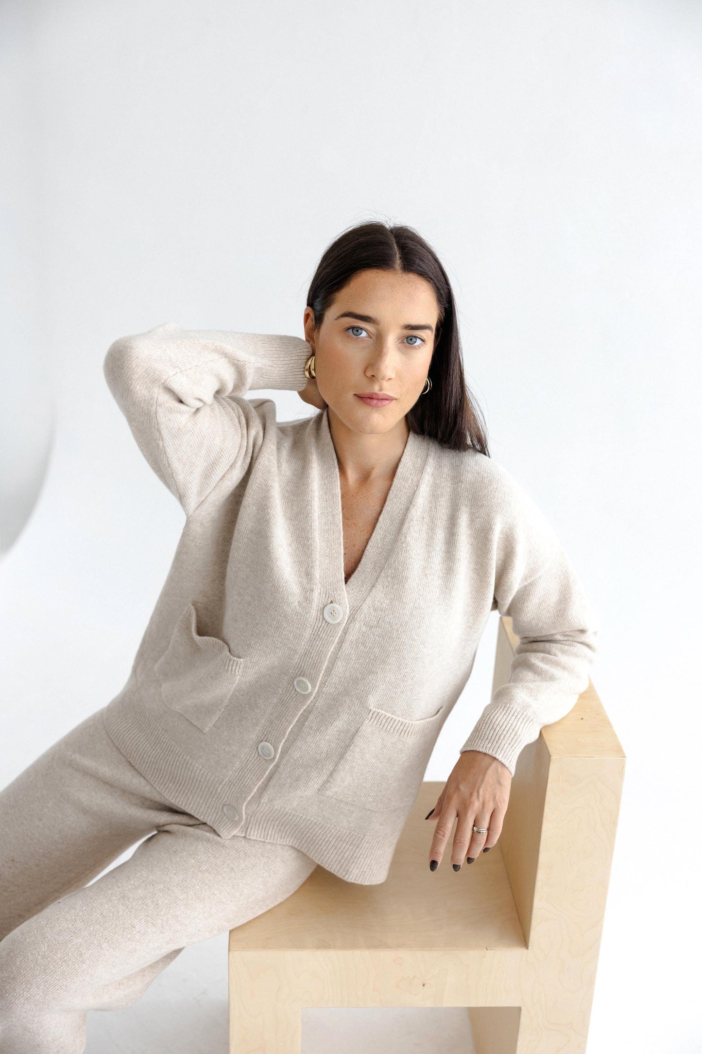 Camel Knitted Merino Wool Cardigan With Buttons And Pockets, Beige Knit Buttoned Woolen Sweater For Women, V-neck Slightly Oversized Sweater